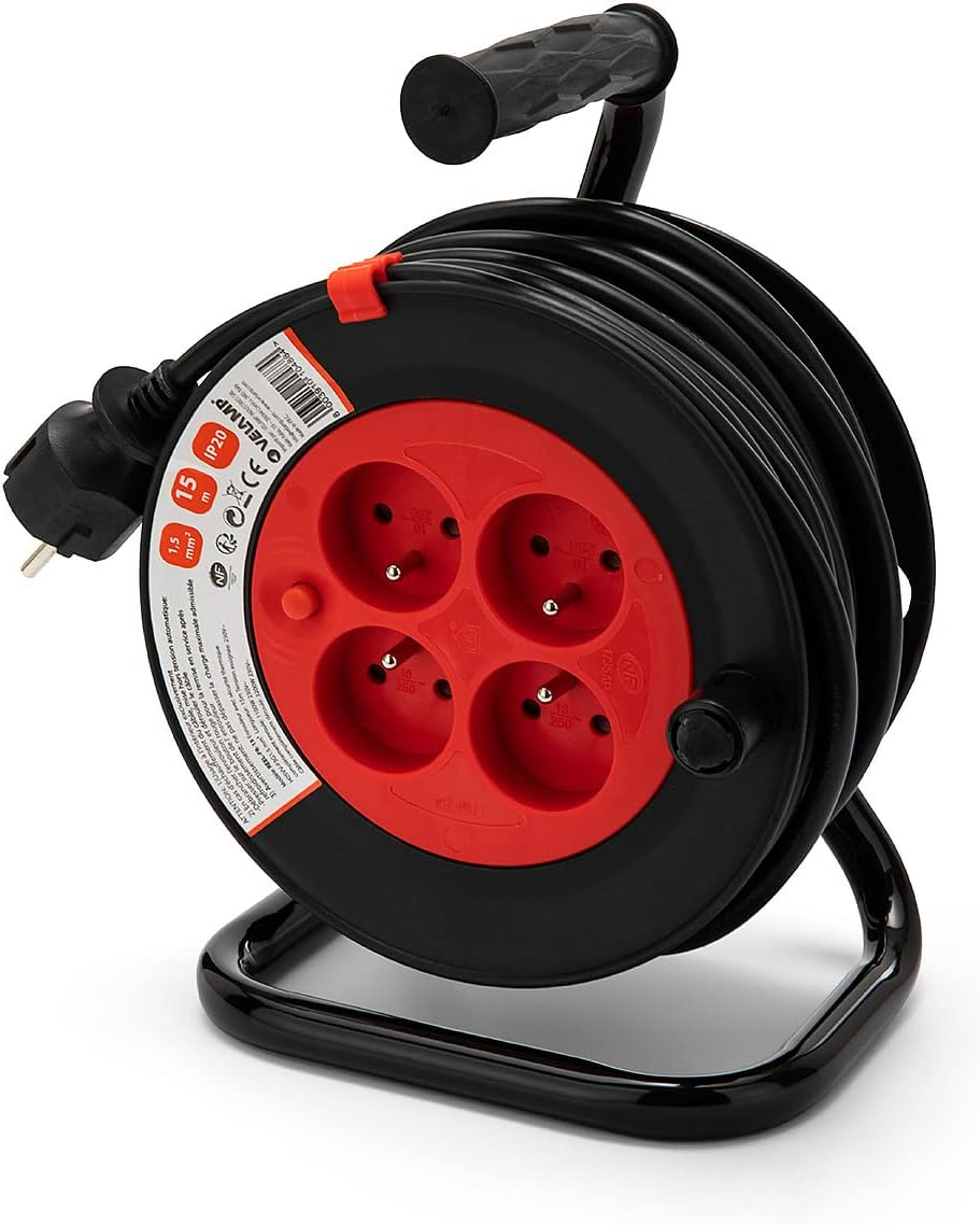 Velamp REEL-FR-15 15M Extension Cable with Reel 4 Sockets 16A Section 3G1.5Mm2 Black and Red image number 3