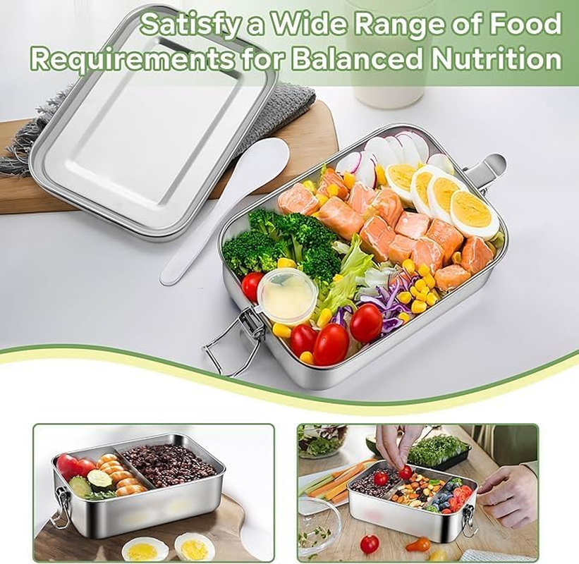 2-Pack Stainless Steel Lunch Box Set【1400Ml & 550Ml】&ndash; 1400Ml Leak-Proof Lunch Box with Divider & 550Ml Metal Snack Container, Reusable Food Storage for Work, School, and Outdoor Meals image number 1