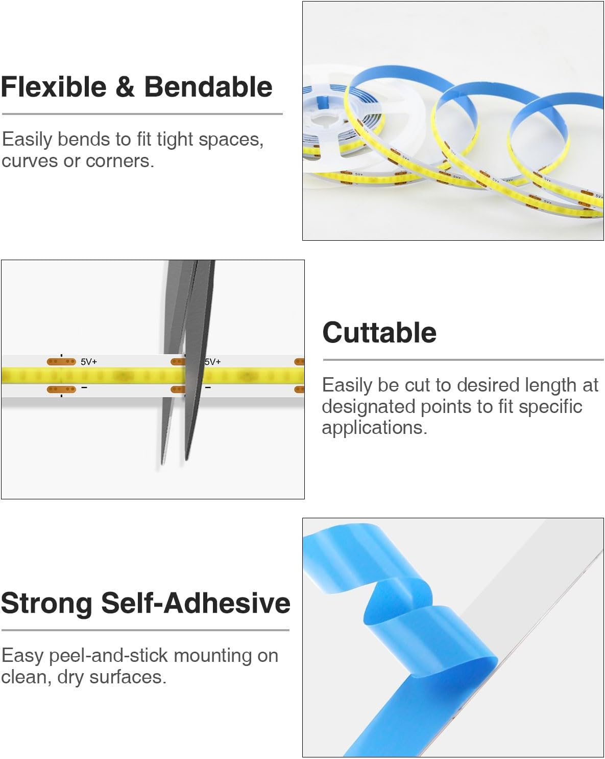 Aclorol USB COB LED Strip 1 M Warm White 3000 K Flexible Cut LED Strip Self-Adhesive for TV Backlight Living Room Mirror Wardrobe Lighting 320Leds/M 8 Mm Width (Pack of 2) image number 4