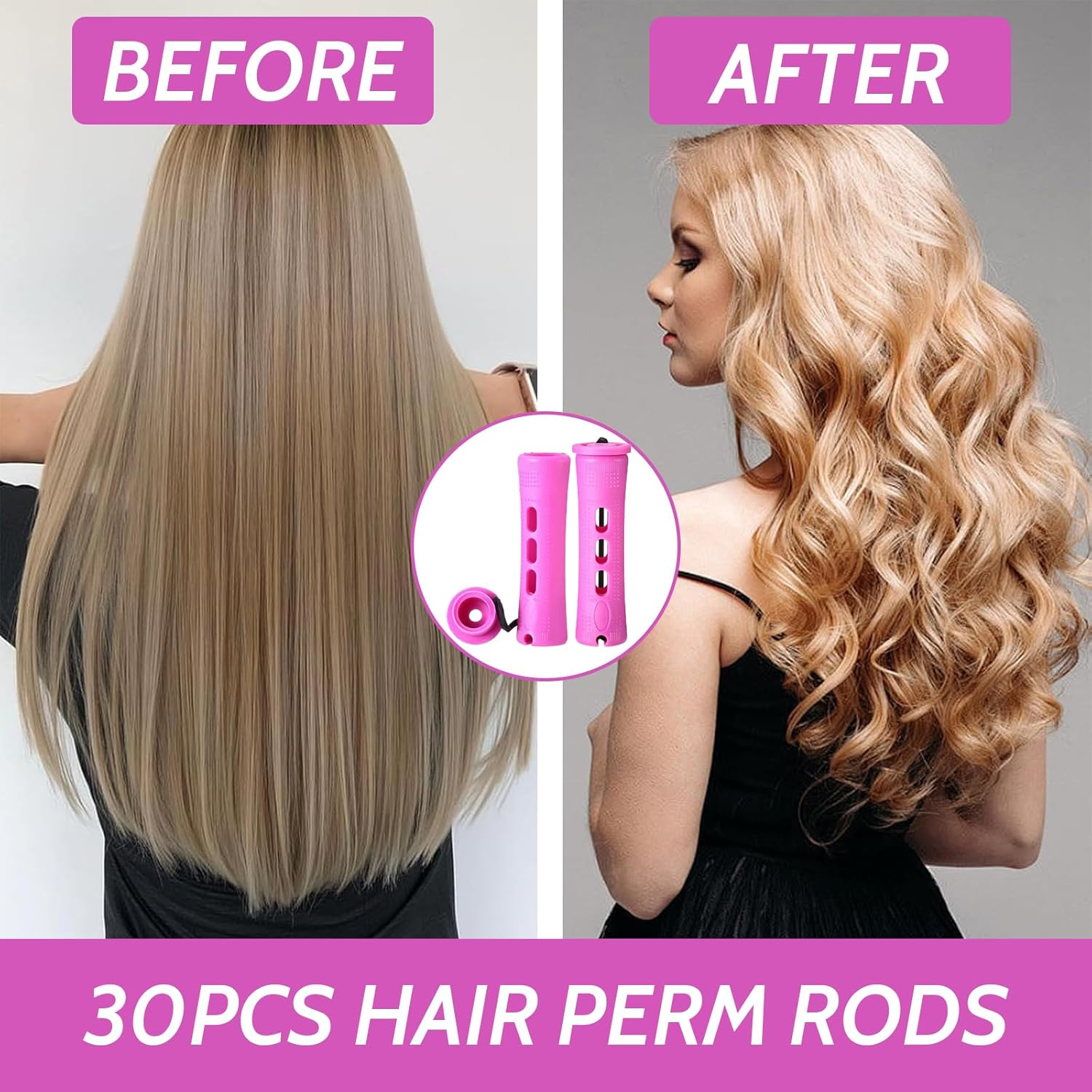 Pack of 30 Medium Perm Rollers, 0.75 Inch Perm Set Complete Curlers, Hair Rollers for Women with Elastic Band for Natural Hair, Long Short Hair Styling Tool image number 2