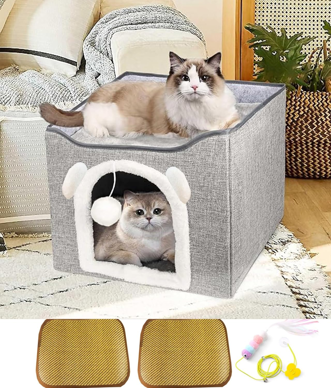 Cat Beds for Indoor Cats,Large Cat Bed for Indoor Cats with Fluffy Ball Hanging and Scratch Pad, Foldable Cute Pet Condos, Pet Cubes, Pet Hideaway with Rattan Mat, 2 - Level image number 3