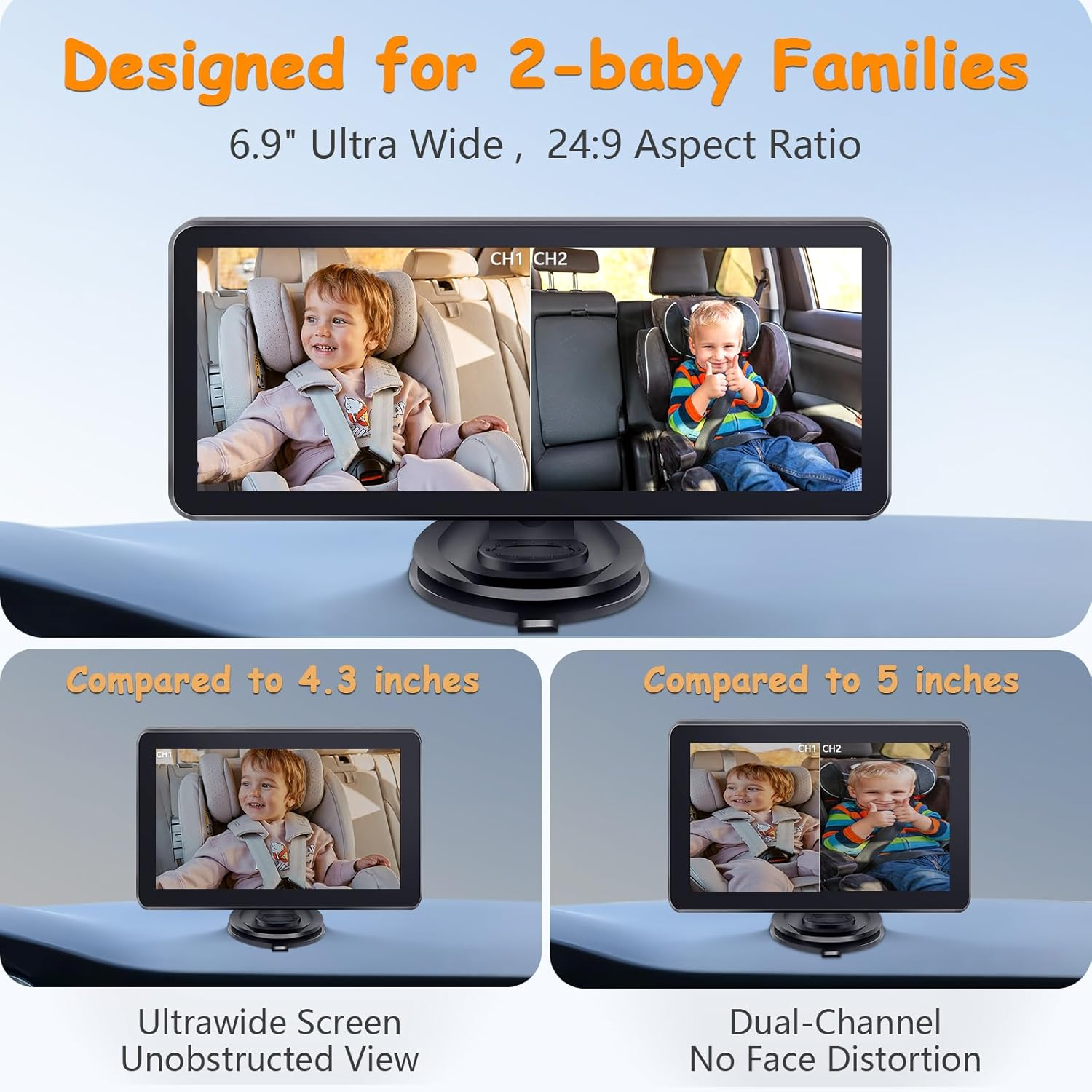 2-Kids Baby Car Camera for Seat: 6.9 Inch Ultrawide Display with Two Cameras Rear Facing - USB Powered Backseat Camera HD 1080P Easy to Install image number 1