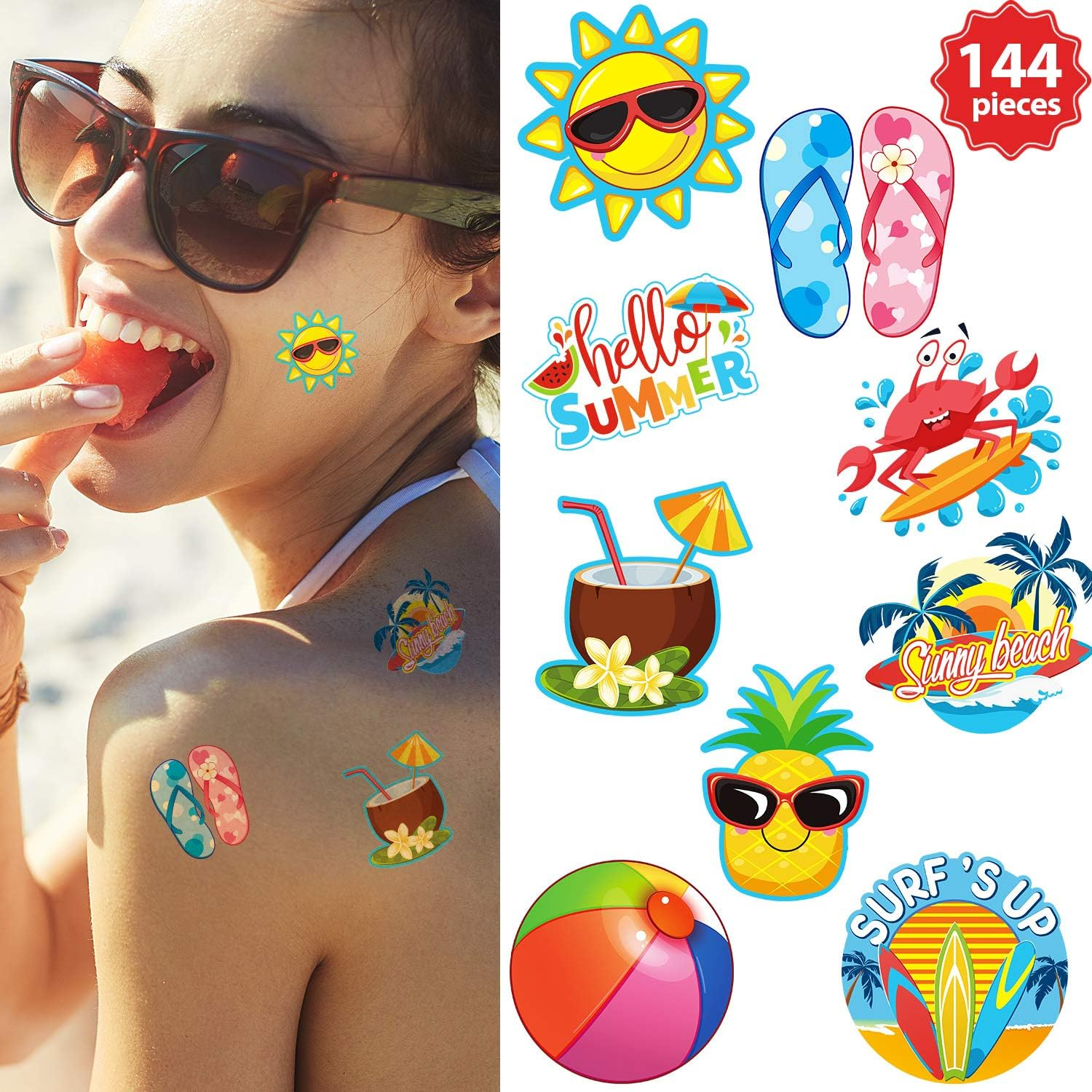 144 Pieces Kids Tattoo Summer Party Tattoo Hawaiian Luau Themed Tattoos Tropical Beach Tattoos Waterproof Temporary Tattoos Stickers Party Decoration Supplies for Adults, 9 Styles image number 6