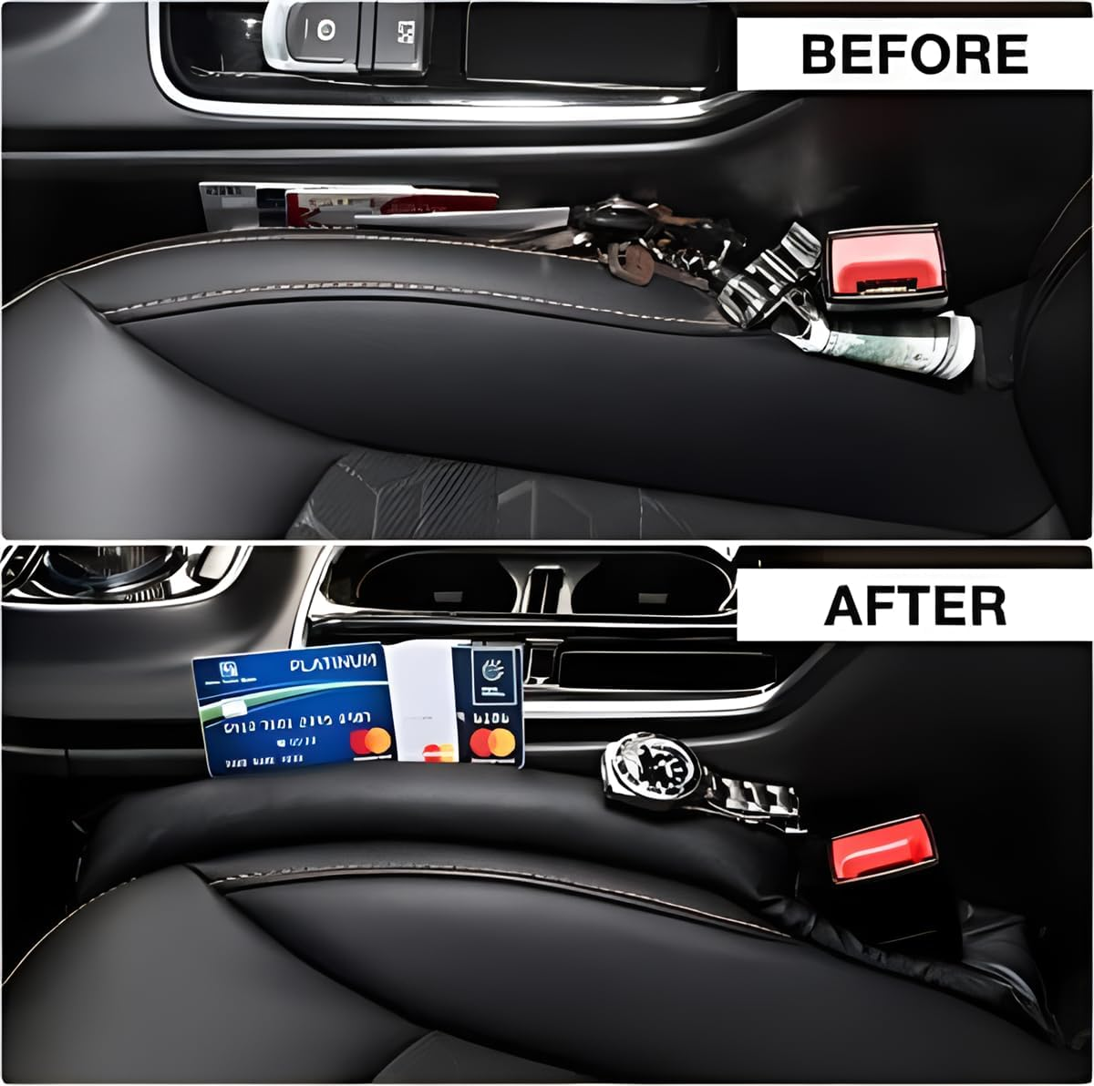 Black Car Seat Gap Filler, Premium PU Leather Leakproof Gap Stopper Anti-Drop Space Slot Filling Stripes Pad Plug Universal Fit for Vehicle Auto Car Seat（2 PCS ） image number 2