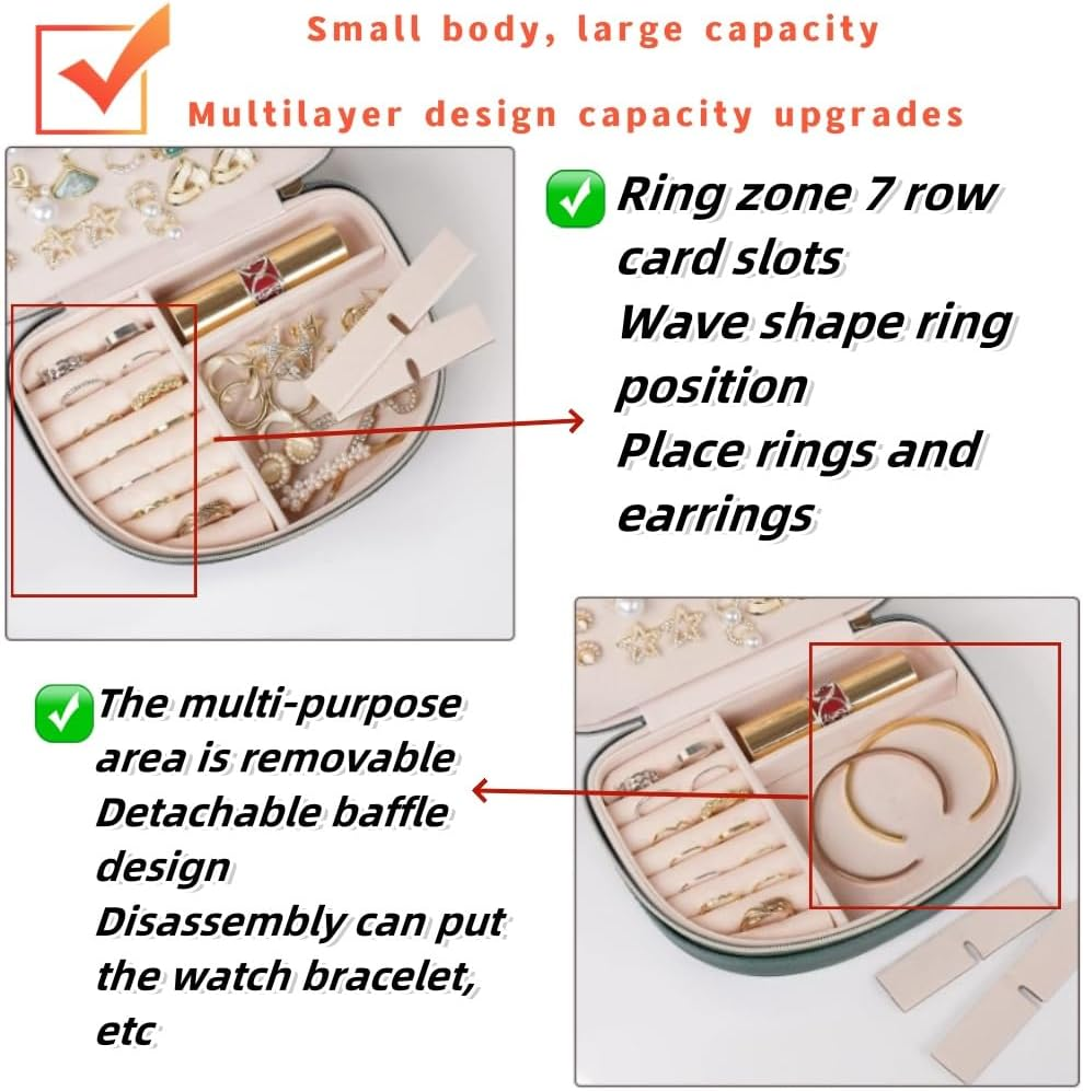 Jindizi Portable Jewelry Box, Small Travel Double Layer PU Leather Mini Jewelry Display Case Earring Necklace Bracelet Ring Organizer Holder Box-Emerald image number 4