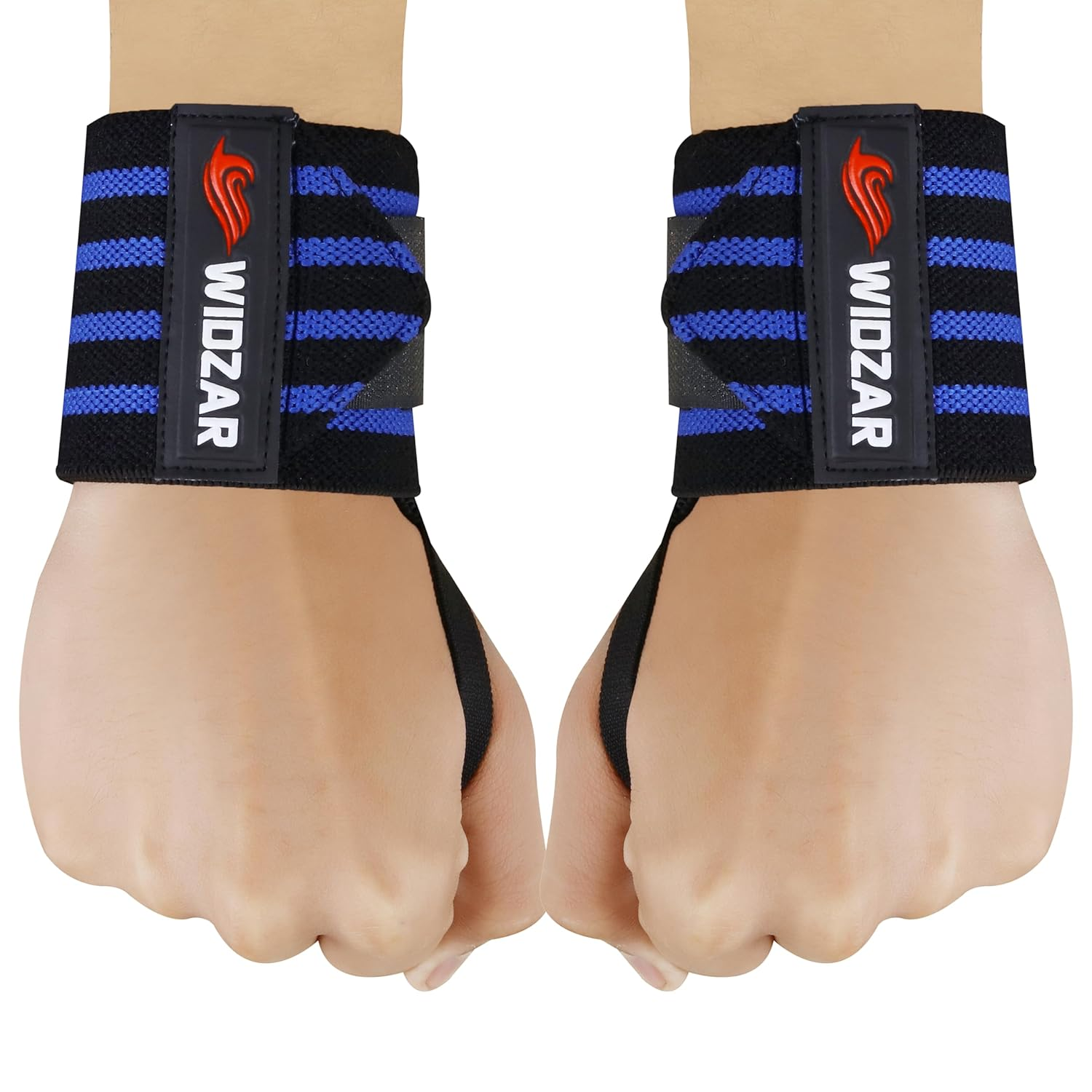 Widzar Wrist Wraps - Support Brace for Weightlifting, Powerlifting, Workout, Bodybuilding & Gym Training - Adjustable Straps with Attached Thumb Loops, Ergonomic Design for Men and Women (Blue Stripes)