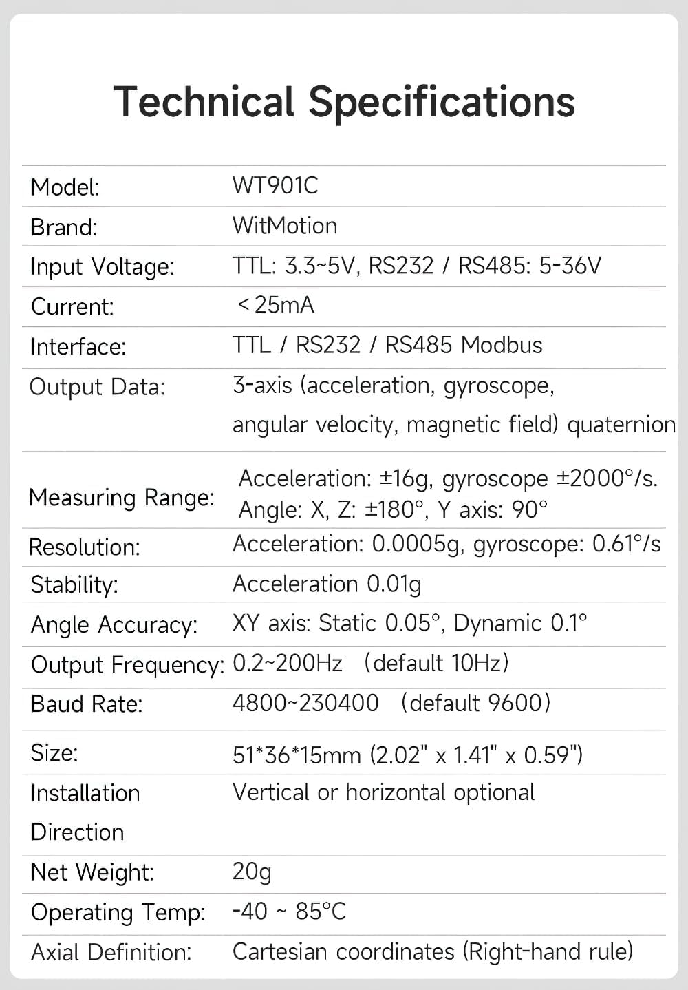 Witmotion WT901C-485 Mpu9250 High-Precision Gyro+Accelerometer+Angle+Magnetometer,9-Axis Digital Compass (Kalman Filtering, Modbus),Triple-Axis Tilt Angle Inclinometer for Pc/Arduino/Raspberry Pi image number 5