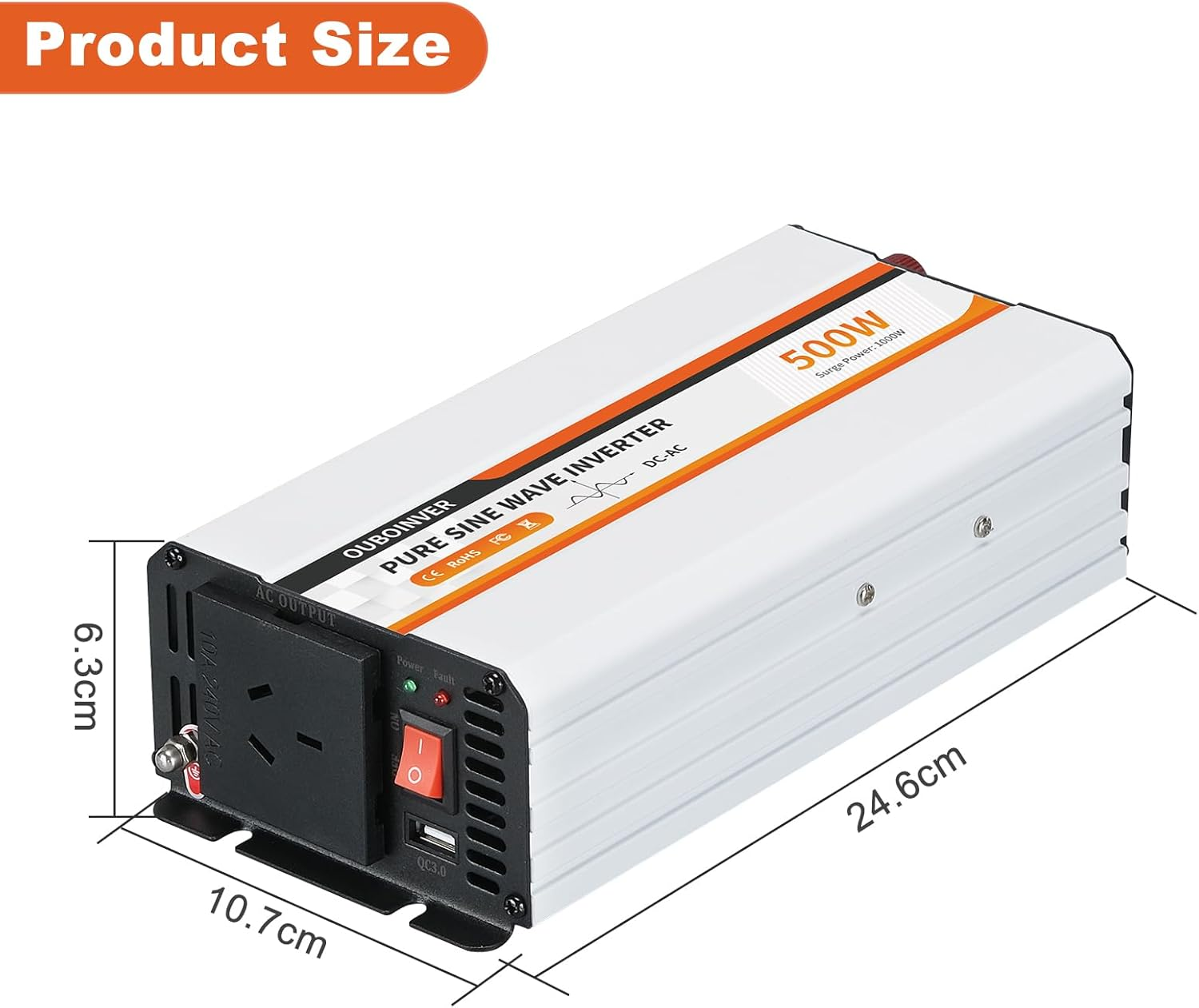 500W Power Inverter, DC 12V to 240V AC Converter for Vehicles Car, Pure Sine Wave Adapter with AC Outlets USB Port Car Charger for Laptop Smartphone Small Power Tool image number 5