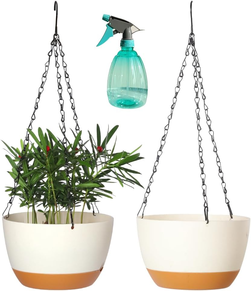 2 Pack Plastic Hanging Planters Set,8.3 Inch Hanging Flower Plant Pot with Drainage Hole for Indoor Outdoor Plants, round Hanging Basket with Removable Tray for Home Garden Porch Balcony Patio Decor