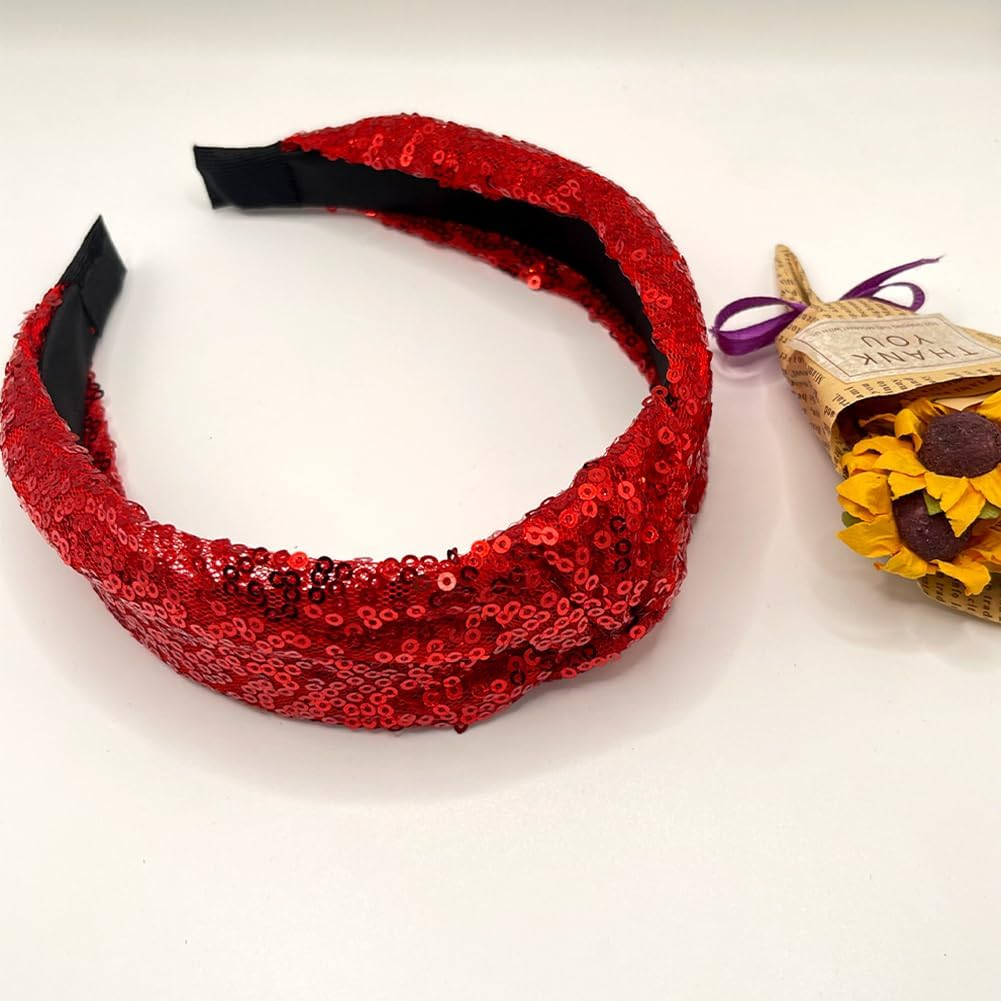 2Pcs Valentine&rsquo;S Day Headbands for Women Sparkle Red & Black Valentines Top Knot Embellished Headband Knotted Hairband Fashion Hair Hoops for Women Girls Valentine Party Gifts Hair Accessories image number 3
