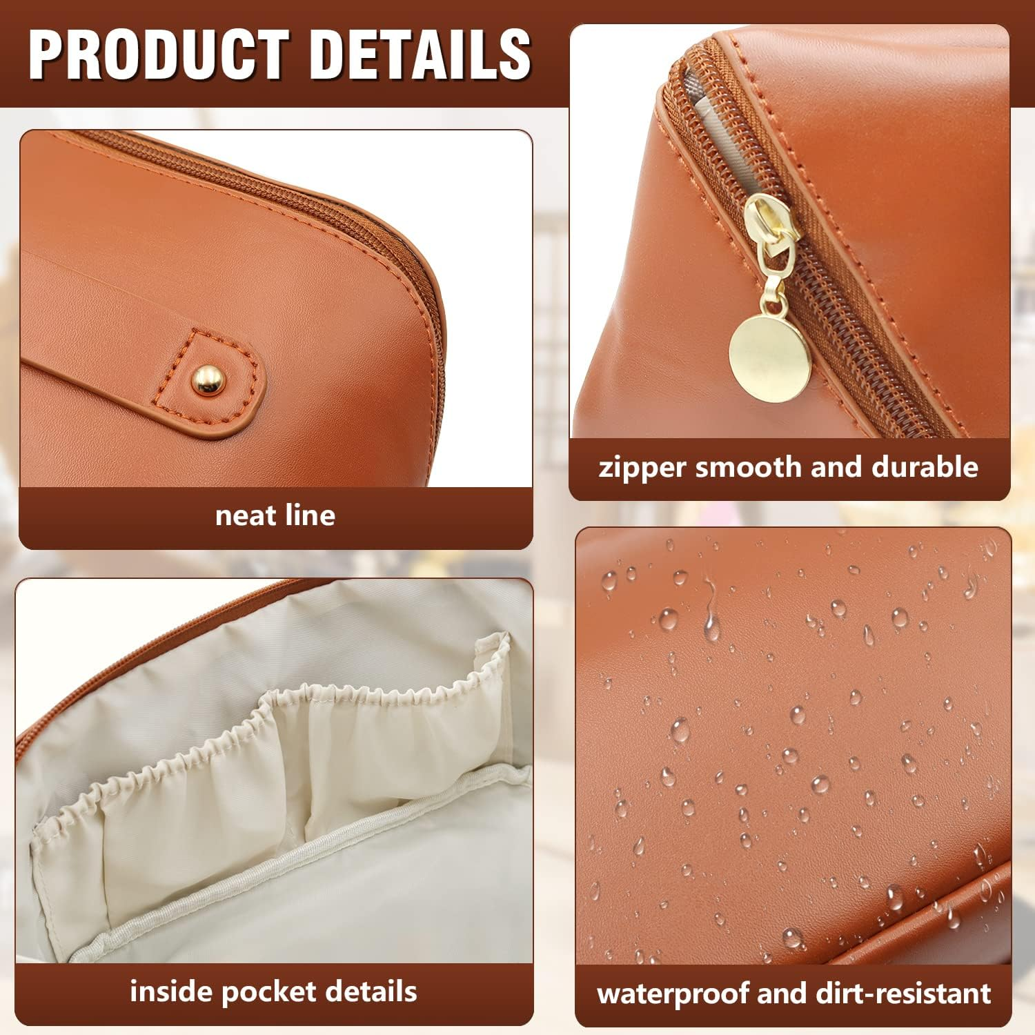 Cosmetic Bag, Large Capacity Travel Makeup Bag, PU Waterproof Storage Cosmetic Bag, Women Portable Travel Makeup Bag with Handle and Divider Flat Lay Makeup Organizer Bag (Brown) image number 2