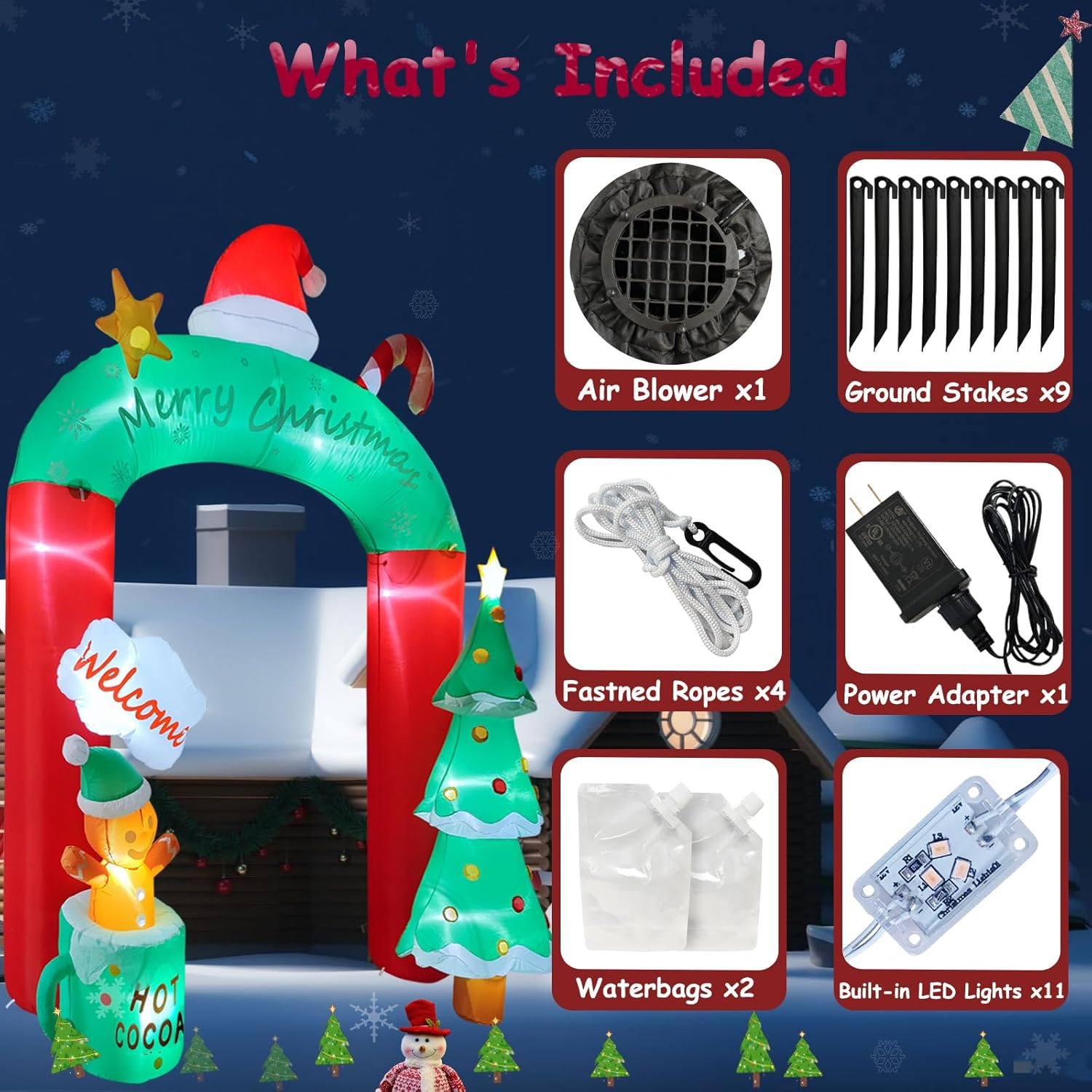 SAILESI 2.7M/8.9FT Christmas Inflatable Archway Outdoor Decoration, Giant Arch Blow up Yard Decor with Christmas Tree, Snowman,Red Hat,Candy Cane, LED Lighted Decor for Xmas Home Garden Lawn Yard image number 6