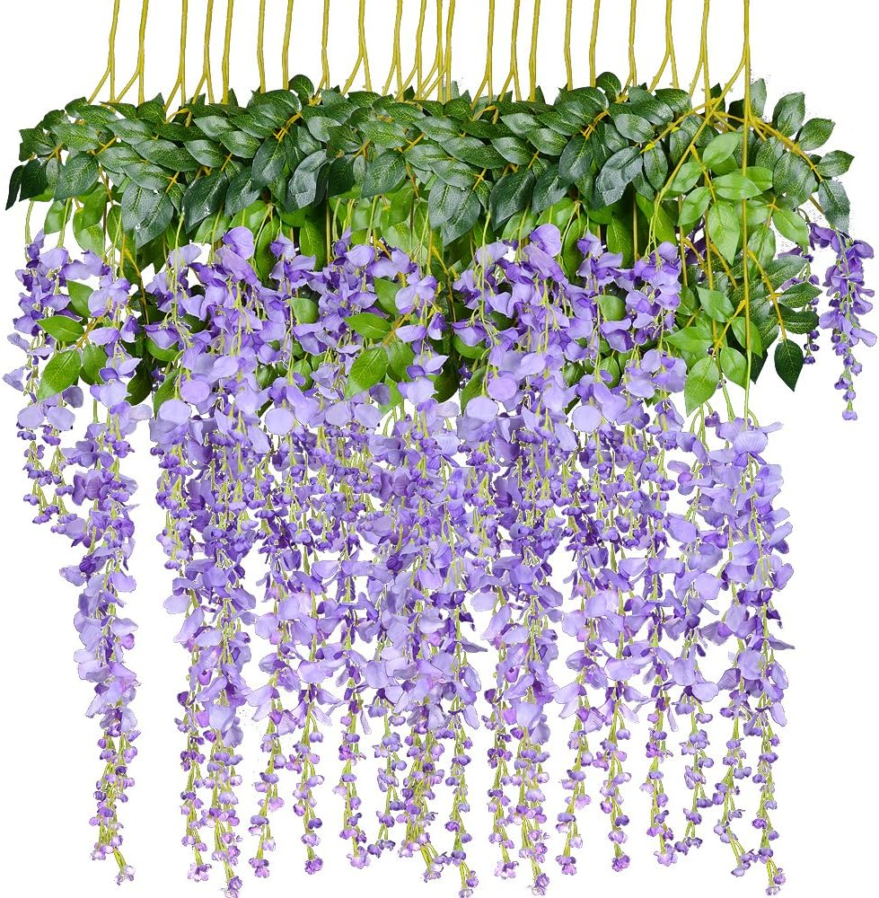 (Purple) - 12 Pack 1 Piece 1.1M Artificial Flowers Silk Wisteria Vine Ratta Hanging Flower for Wedding Garden Floral DIY Living Room Office Decor (Purple)