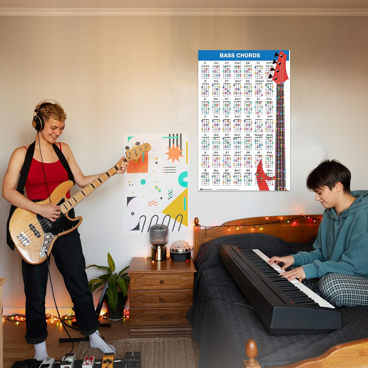 QMG Bass Guitar Chord Poster (11"X17"), Bass Guitars Accessories, Laminated Bass Chord Chart, 49 Color Coded Chords, Beginner Bass Chords Chart for Learn to Play Music Theory image number 1