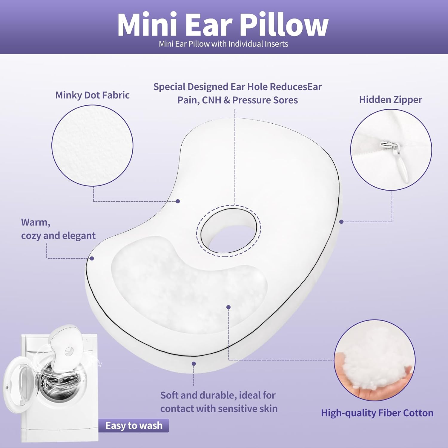 Nockovi Piercing Pillow for Side Sleepers with Ear Hole, 12X18Inch White Velvet Mini Orthopedic Support Pillow for Ear Pain Relief