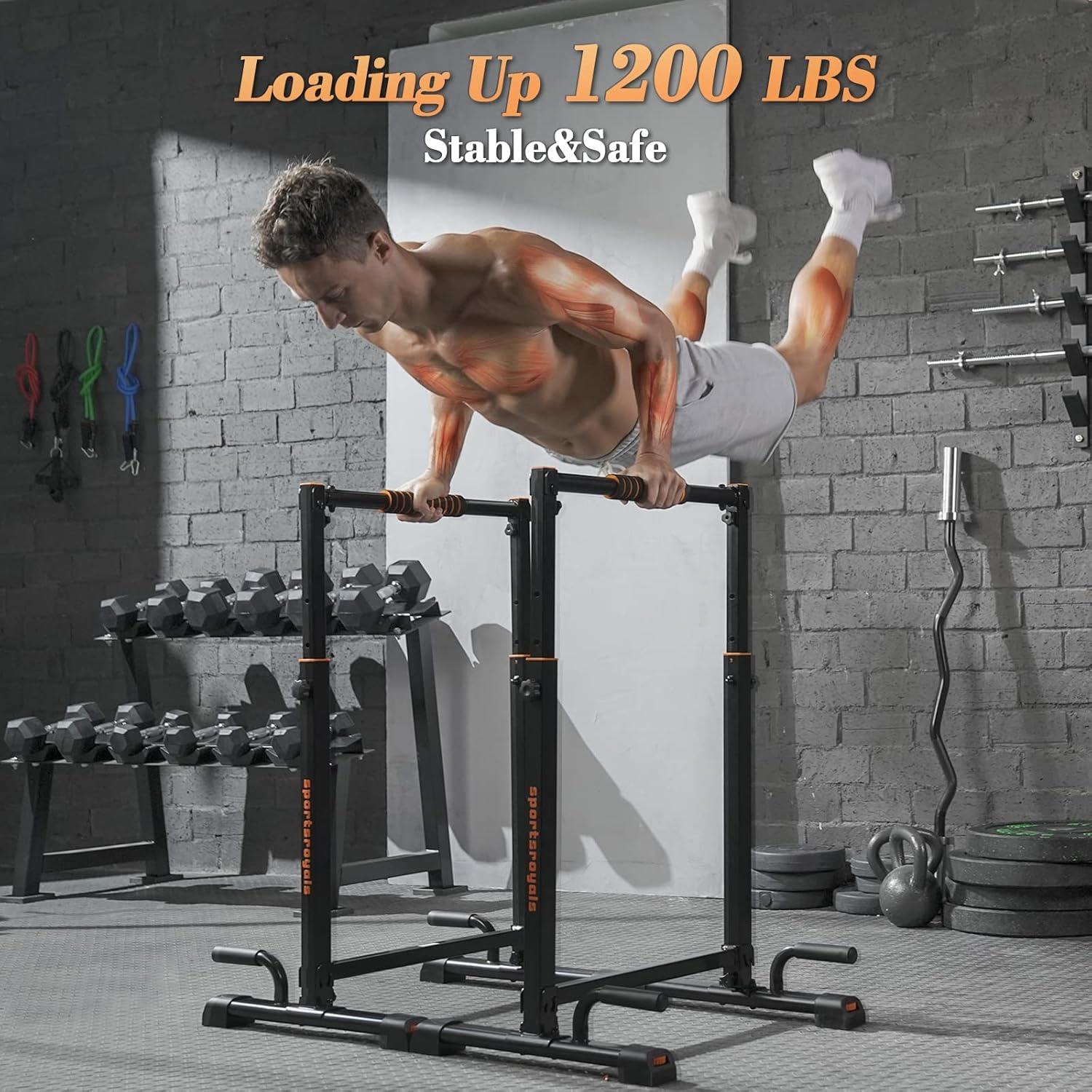 Sportsroyals Dip Bar, Adjustable Dip Stands Station for Home, Functional Heavy Duty Parallette Bars for Upper Body Workout (400/1200LBS Loading Capacity, 2025 New Version) - Orange image number 3