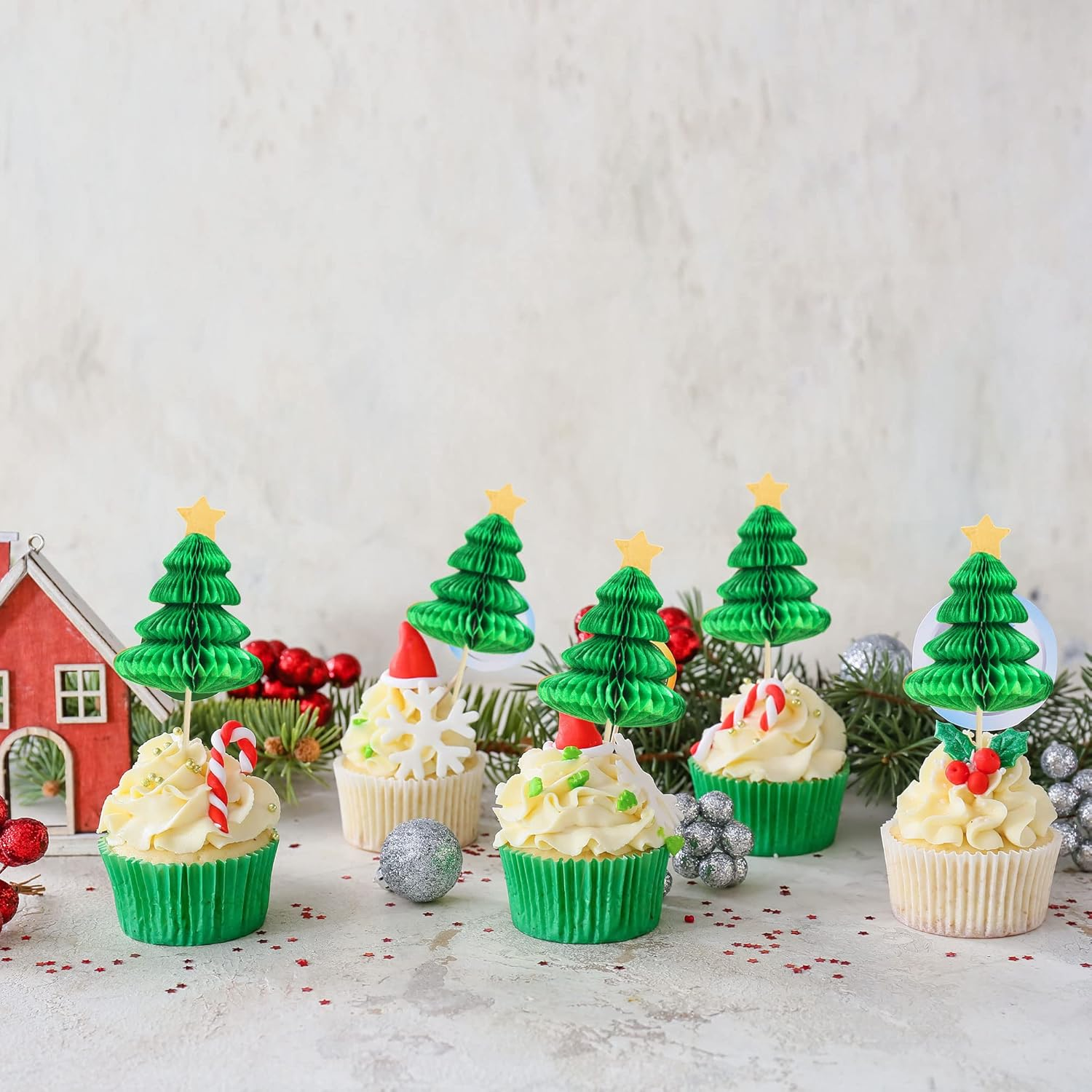 Gyufise 24Pcs Christmas Tree Cupcake Toppers Green 3D Christmas Tree Cupcake Picks for Merry Christmas Theme New Year Holiday Baby Shower Kids Birthday Party Cake Decorations Supplies