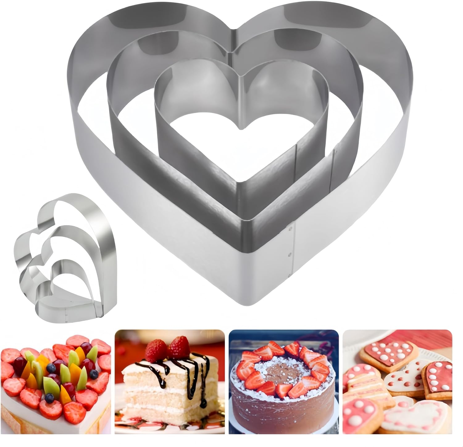 Ai-Oumleef Heart Cookie Cutter,3Pcs Heart Cake Cutter,Heart Cake Mold Ring Set,Suitable for Mousse Cake Cheesecake (3 Sizes)