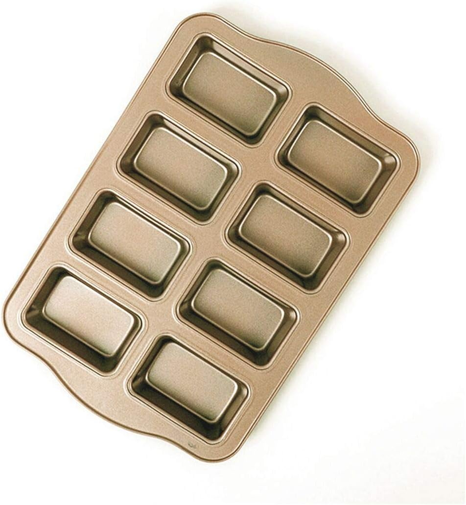 Mini Loaf Pan 8-Cavity Carbon Steel Bakeware Non-Stick Bread Baking Tray One-Piece Design (Golden)