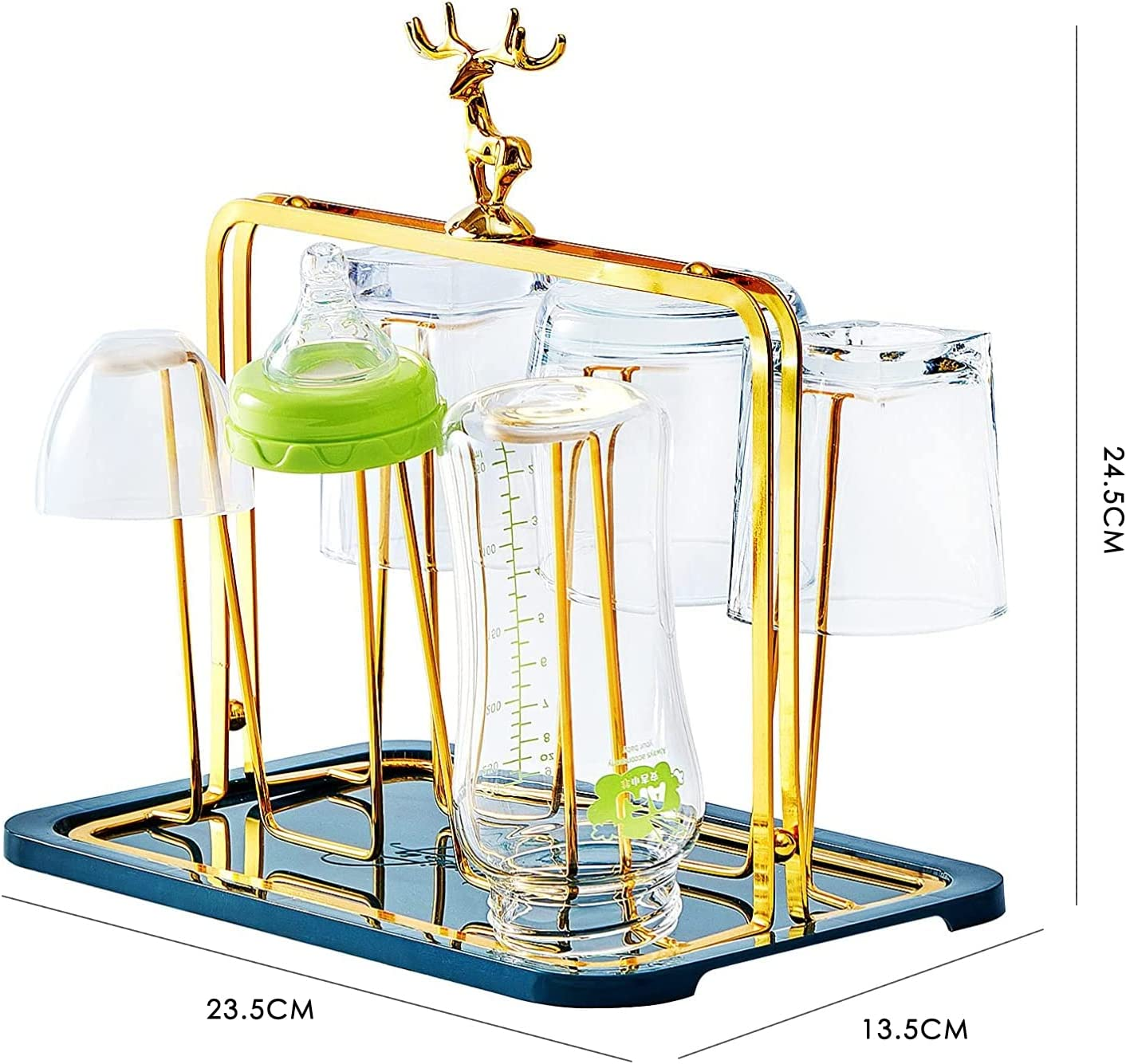 Glass Cup Drying Rack with Drain Tray，Elk Relief Design Coffee Cup Holder Wine Glass Drying Rack，Bottle Drying Stand with 6 Hooks Mugs Cups Organizer image number 4