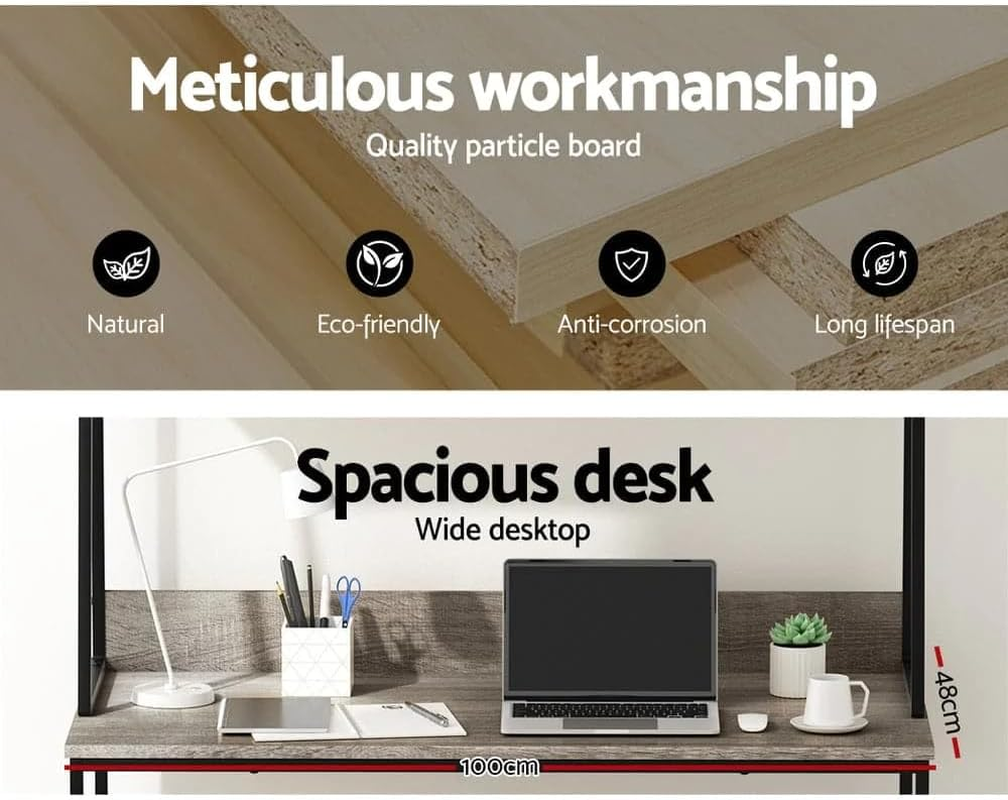 Artiss Computer Desk 100Cm Grey Particle Board Desktop Steel Frame Office Corner Laptop Desks Shelf Study Student Table, Home Furniture for Room, Partitioned Shelves Under-Desk image number 3