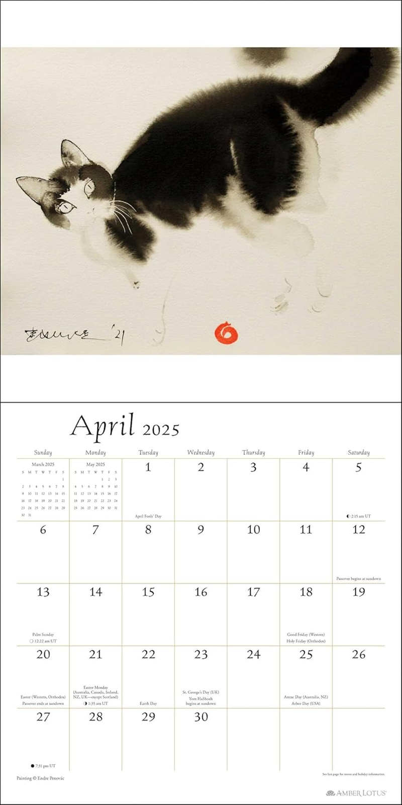 The Artful Cat 2025 Wall Calendar: Brush & Ink Watercolor Paintings by Endre Penov&agrave;c image number 3