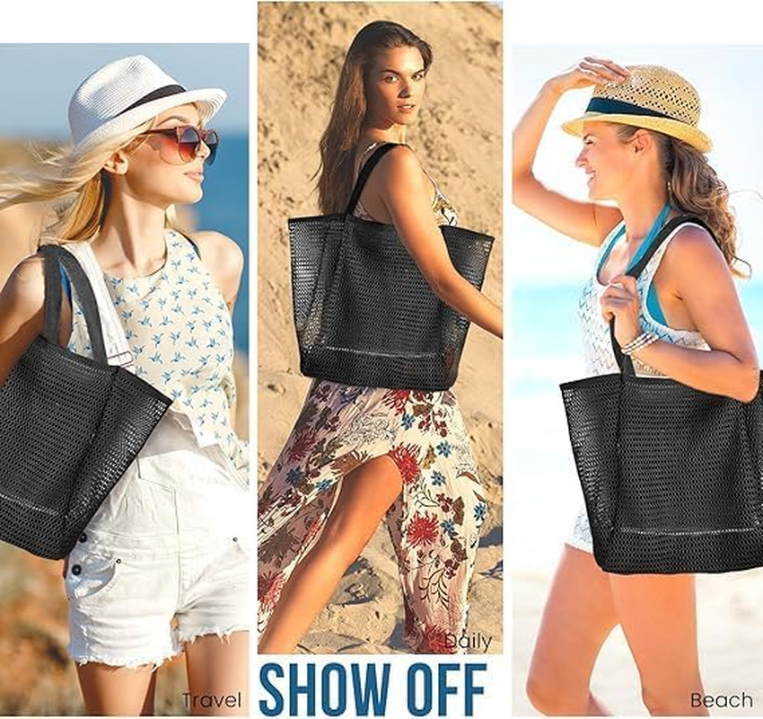 Beach Bags for Women - Summer Travel Mesh Tote Bag, Sandproof Woven Shoulder Handbag with Large Inner Pocket Black image number 4
