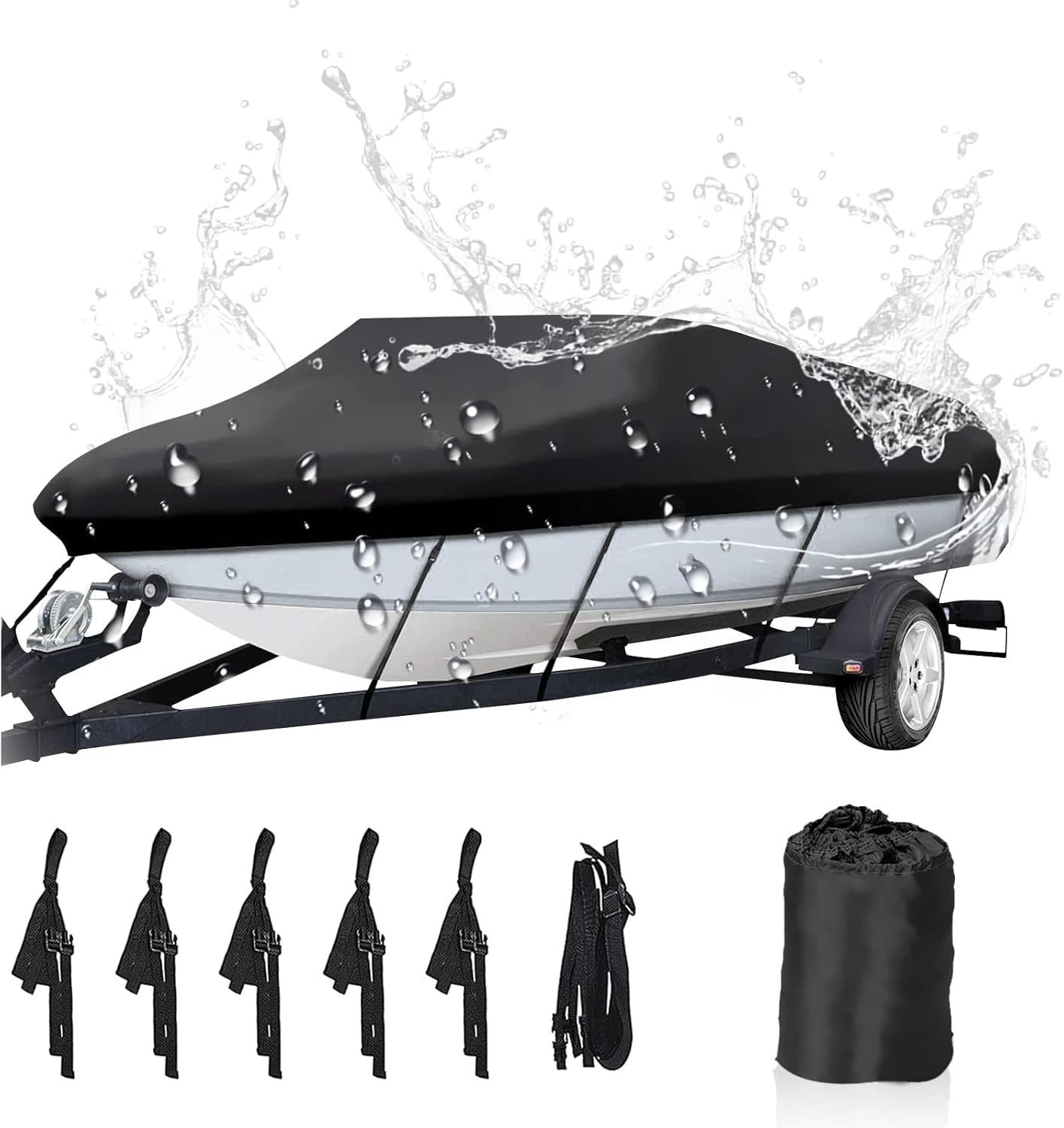 NEVERLAND Trailerable Boat Cover Waterproof Heavy Duty Marine Grade Polyester Canvas Fits V Shape/V-Hull and Tri-Hull Runabouts, Pro-Styl, Bass Boats (Boat Length 20-22Ft, Beam Width up to 102",Black) image number 1