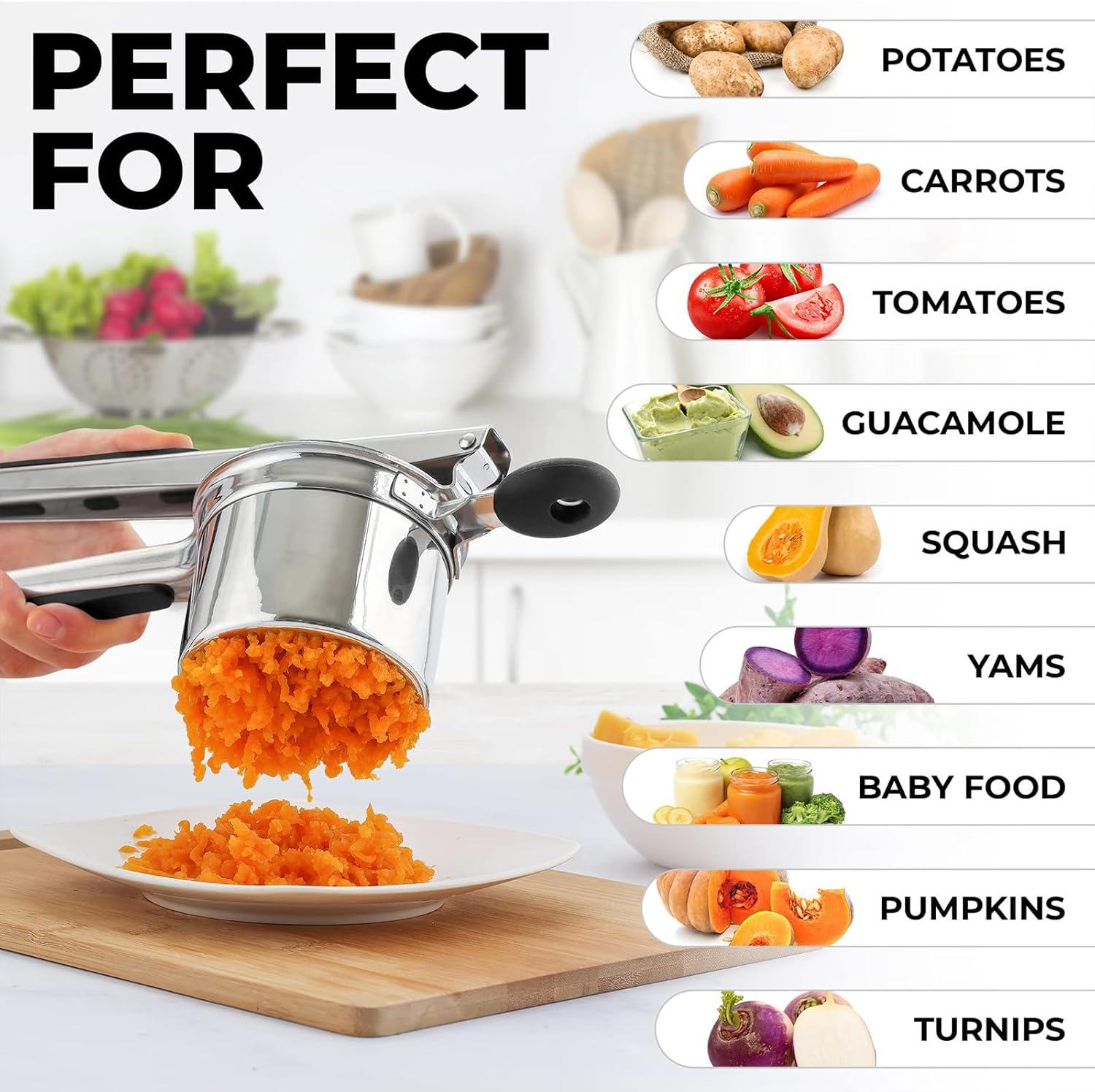 MOTYYA Stainless Steel Extra Large Potato Ricer Heavy Duty Potatoes Masher with 3 Interchangeable Discs, Premium Grade Vegetable Fruit Ricer for Purees,Fruit Juicer,Baby Food Press Squeezer Too image number 4