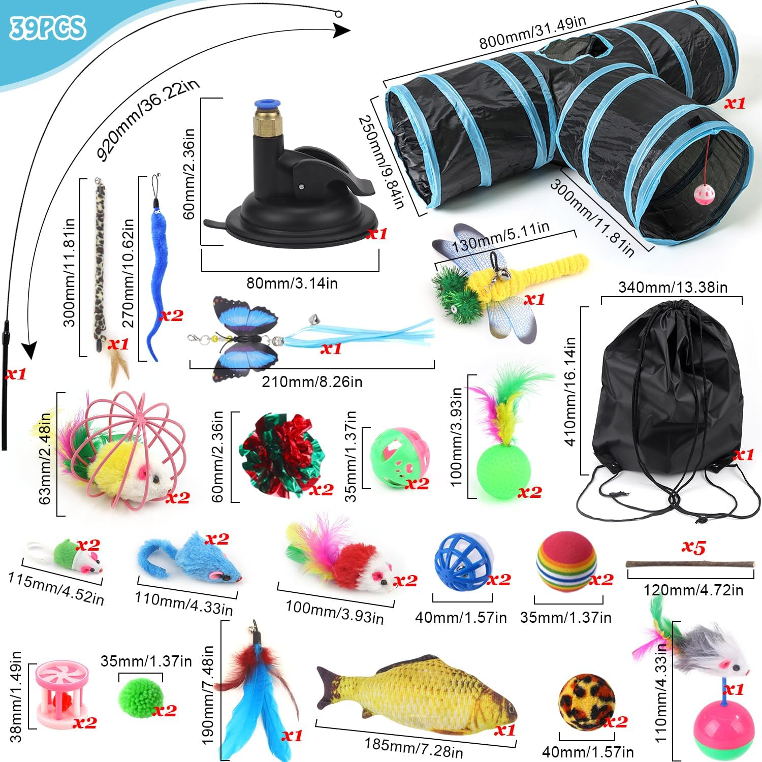 Interactive Cat Toy Set, Foldable Cat Tunnel, Angel Toy, 3-Way Play Tunnel for Cats, Rabbits, 39 Pieces, Cat Tangle Suction Cup, round Tunnel, Cat Toys Accessories, Cat Activity image number 5