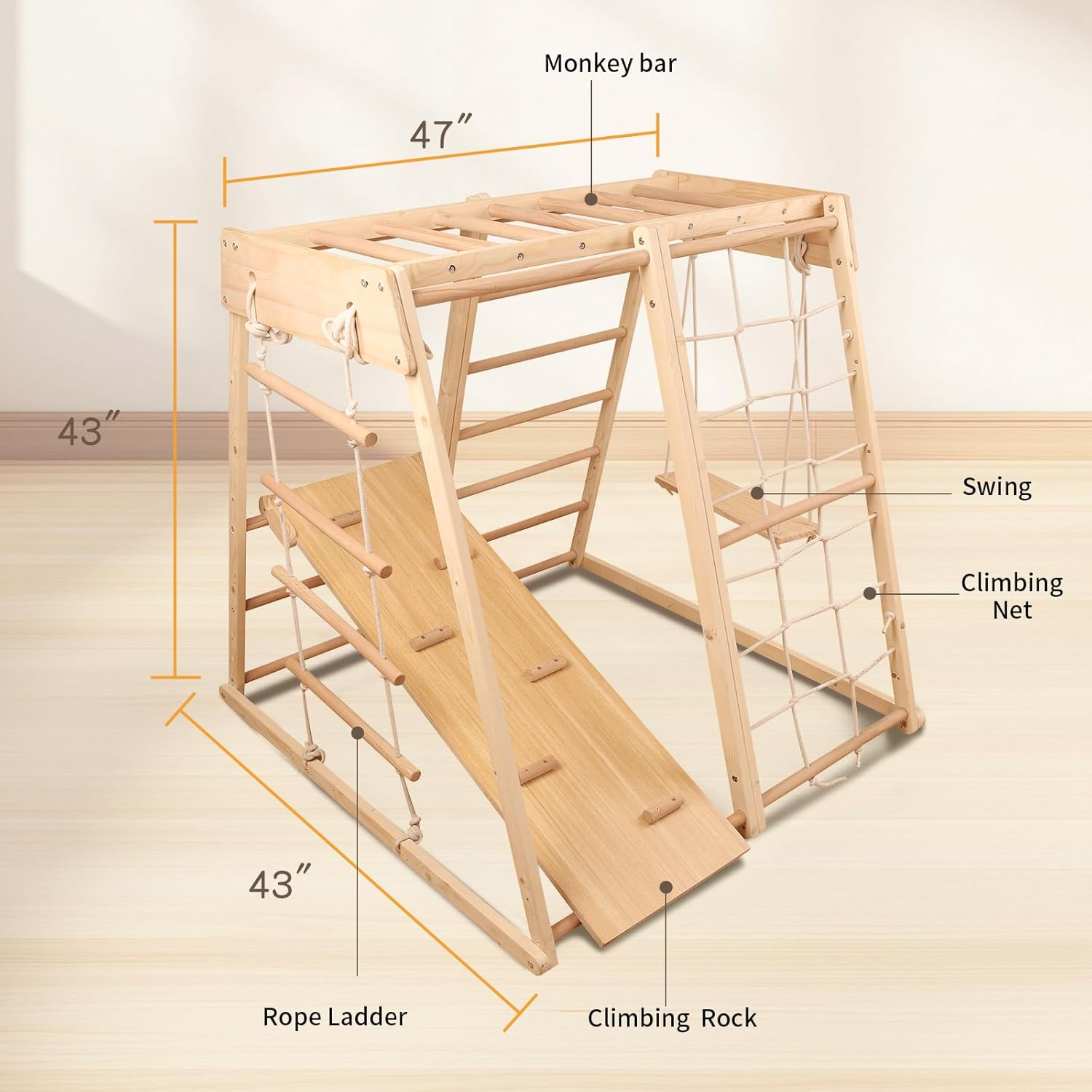 Climbing Frame,Toddler Montessori Wood Playset 9-In-1 with Slide,Toddler Slide,Swing,Jungle Gym,Swedish Ladder,Monkey Bars,Rope Ladder,Rock Wall Dome for Kid Ages 1-7 New Ogelo image number 3