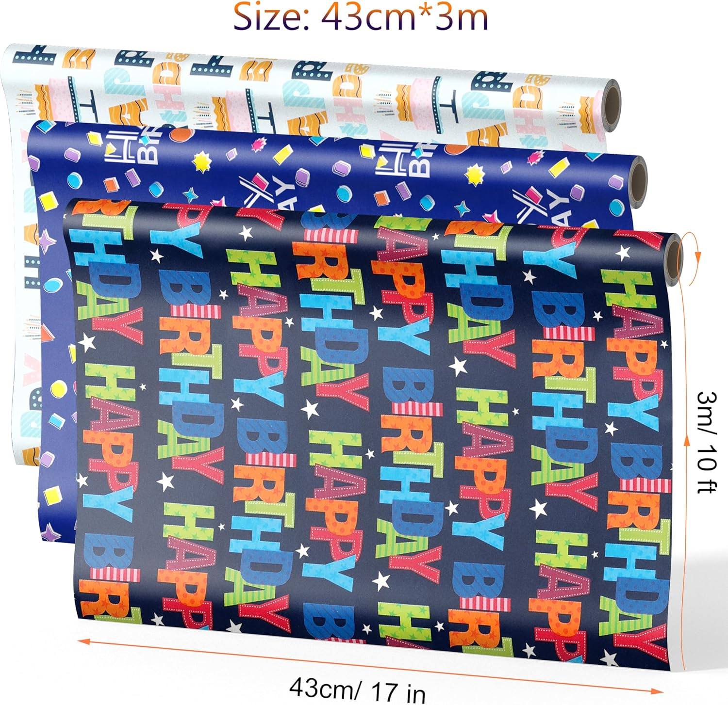 RINGSUN Birthday Wrapping Paper Roll, 3-Rolls 43X300Cm Happy Birthday Gift Wrapping Paper and 2-Rolls Band - Ideal for Boys & Girls Presents image number 5