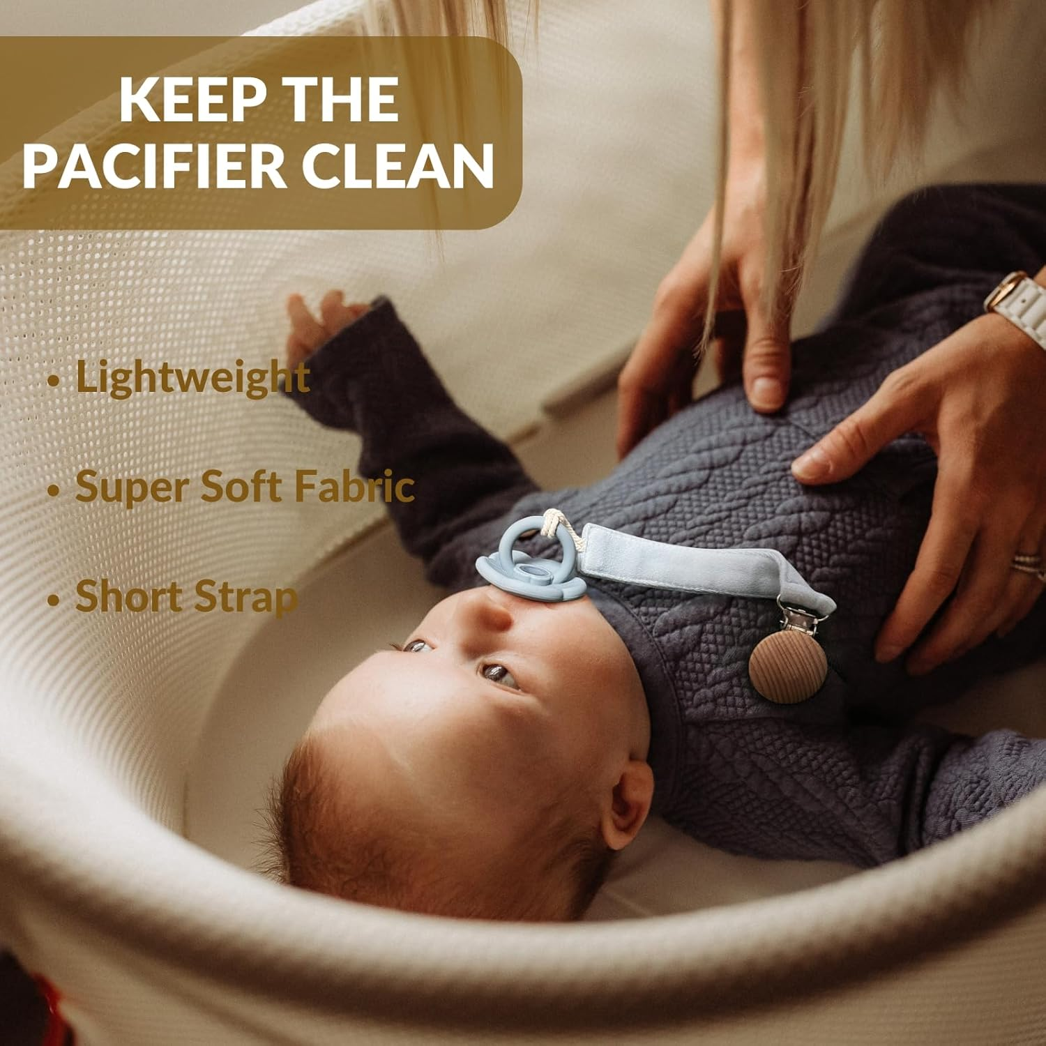 Dummy Clip, 2 Pack Fabric Pacifier Clips, Super Soft Fabric Strap with Wooden Clip, Pacifier Clip Newborn Essentials (Cream/Sage)