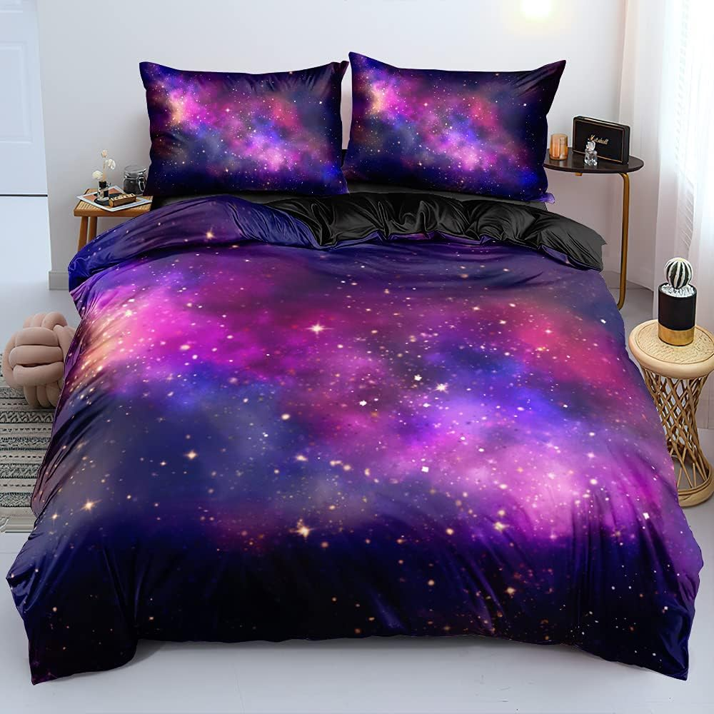 Holiyjog Galaxy Duvet Cover Space Bedding Set Full Size for Teen Kids, for Boys and Girls Purple Bed Set Printed with 1 Comforter Cover and 2 Pillowcases image number 7