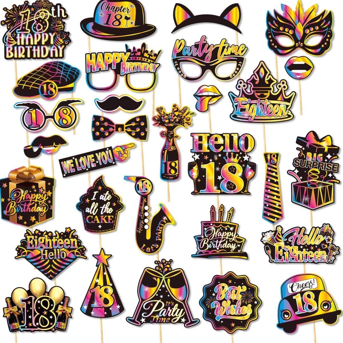 30Pcs Birthday Photo Booth Props Kit Happy Birthday Party Favors Funny Birthday Party Supplies Decoration for Men and Women (18Th) image number 6