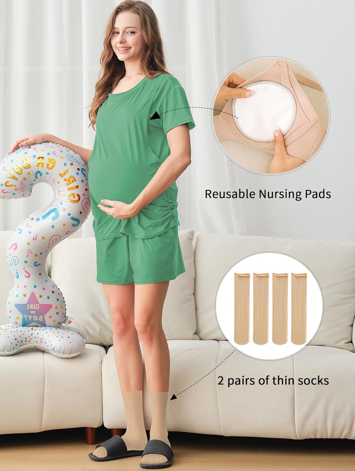 DANSHOW Maternity Nursing Pajamas 3 Piece Pregnancy Pjs Sets Breastfeeding Sleepwear for Women, Double Layer Design image number 3