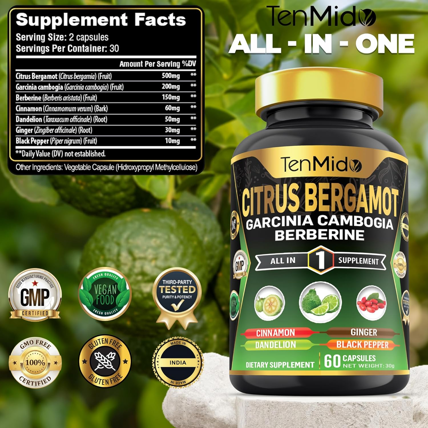 Citrus Bergamot Supplement - Blend with Garcinia Cambogia, Berberine, Cinnamon & More - Body Management, Overall Wellness Support - 60 Vegan & Non-Gmo Capsules image number 5
