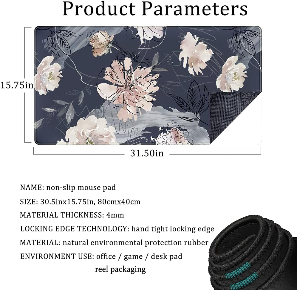 XL Mouse Pad Gaming Mouse Pad (31.5X15.7 In), Large Non-Slip Base Mousepad with Stitched Edges, Waterproof Keyboard Mouse Mat Desk Pad for Work Blue and Grey Pink White Peony &hellip; image number 6