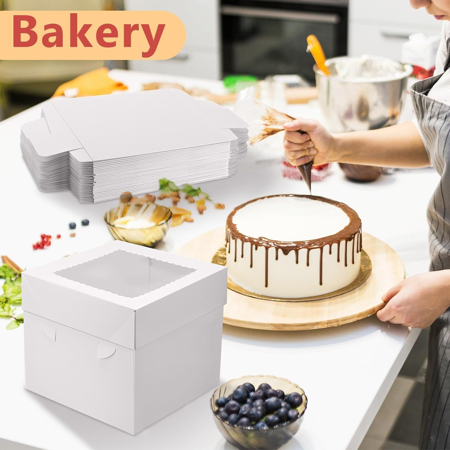 Miluoou 20Pcs Cake Boxes with Cake Boards (10 Boxes & 10 Boards), 10X10X8 Inches White Bakery Box with Window, Large Baking Boxes, Square Cake Box for Multi-Layer Cakes, Cake Decorating Supplies image number 5
