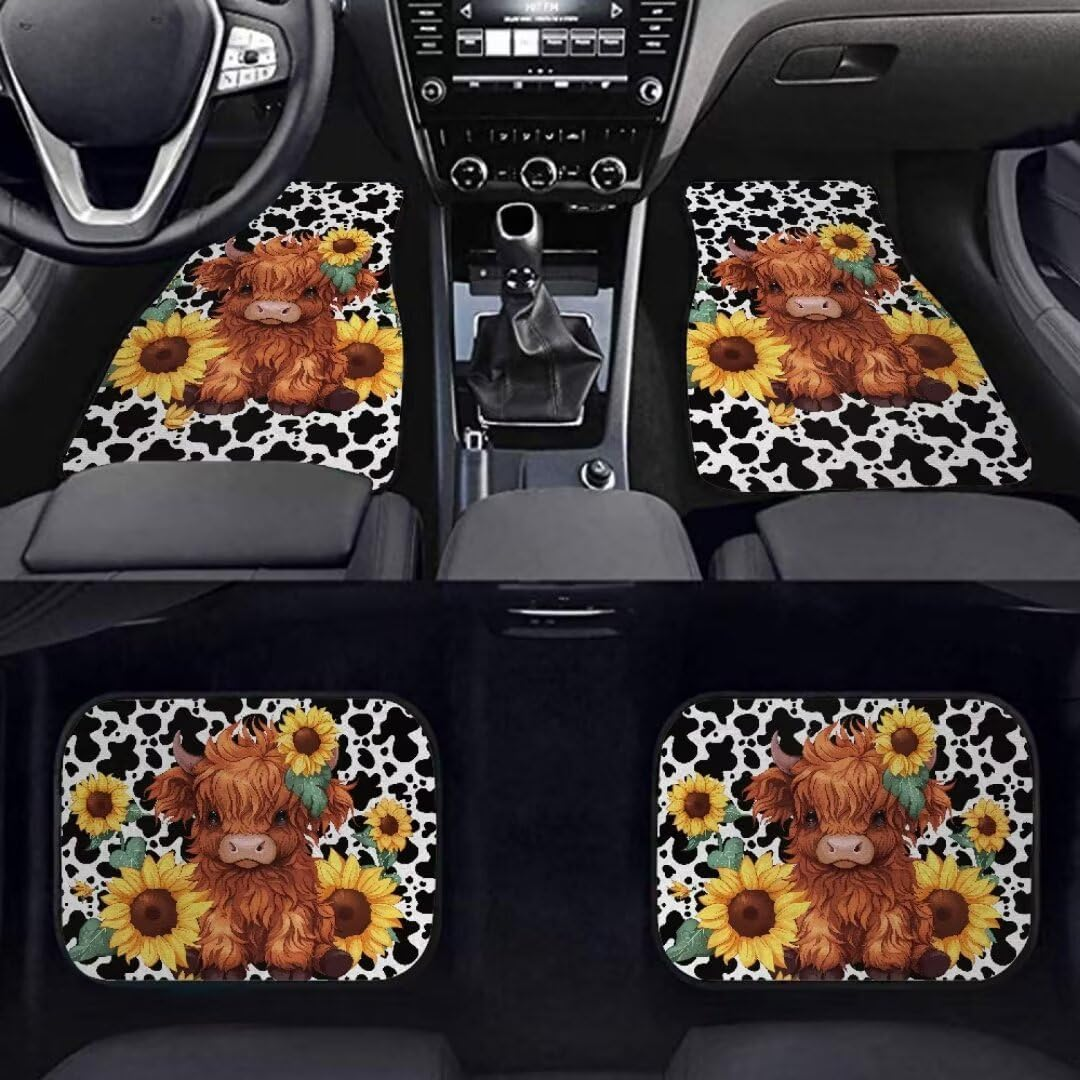 Allhaitong All Weather Car Floor Mats Universal Fit Automotive Suv,Sedan,Van Car Interior Accessories 4-Piece Car Protector Mat Highland Cow Sunflowers Print image number 5