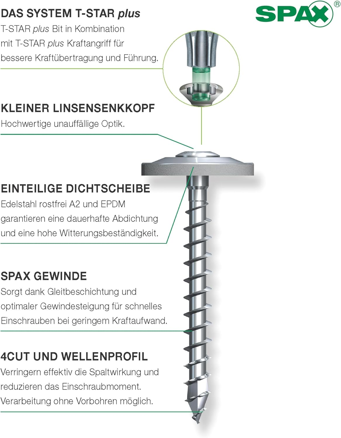 4587000450357 T-Star plus T20 4Cut A2 Rust-Proof Stainless Steel Screws Pack of 60 Fully Threaded Countersunk Head T-Star plus T20 4587000450357
