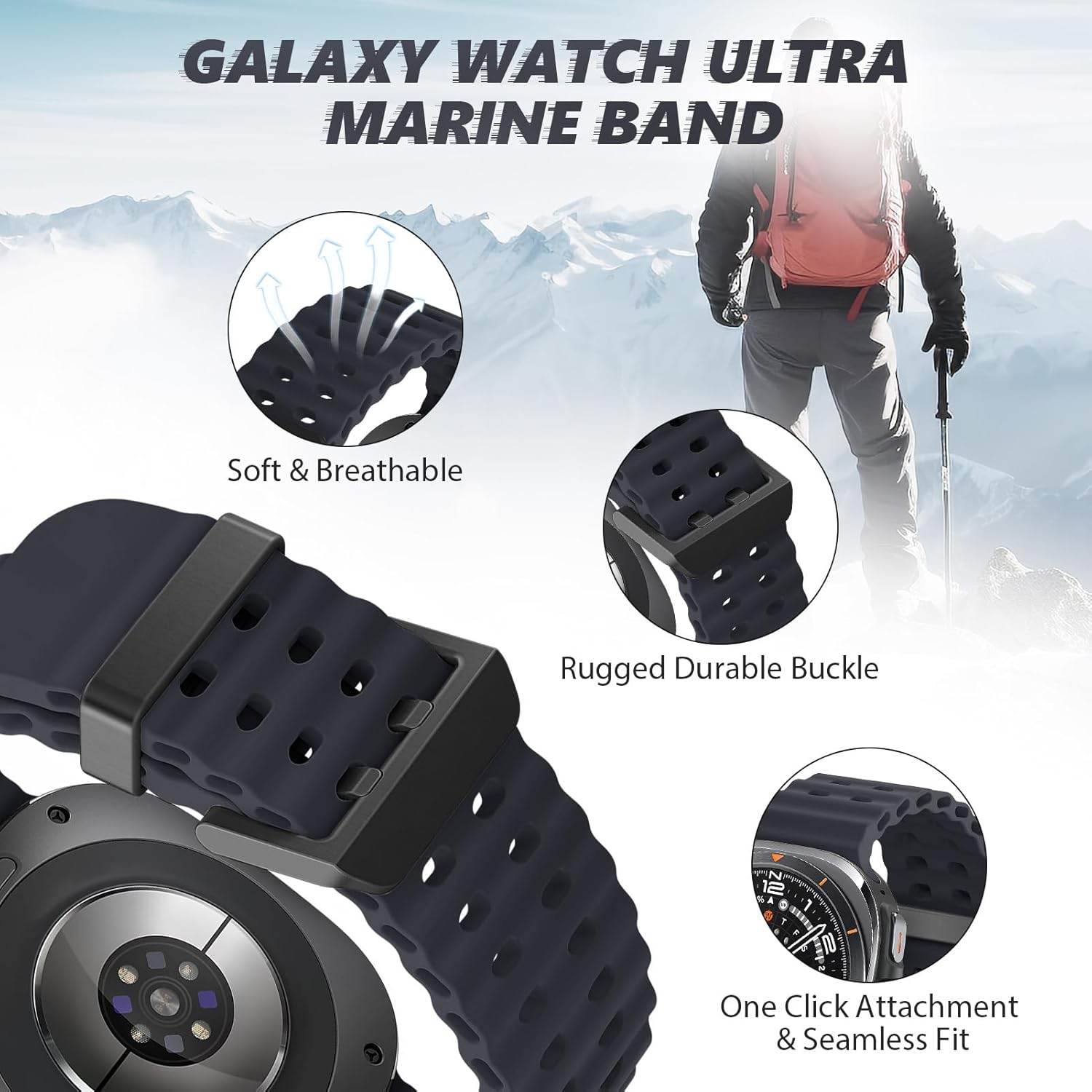 Ocean Bands for Samsung Galaxy Watch Ultra 2/Ultra 2025 2024 Women Men,Silicone Breathable Bracelet Wristband for Samsung Galaxy Watch 8/7 Ultra 47Mm - Black image number 6