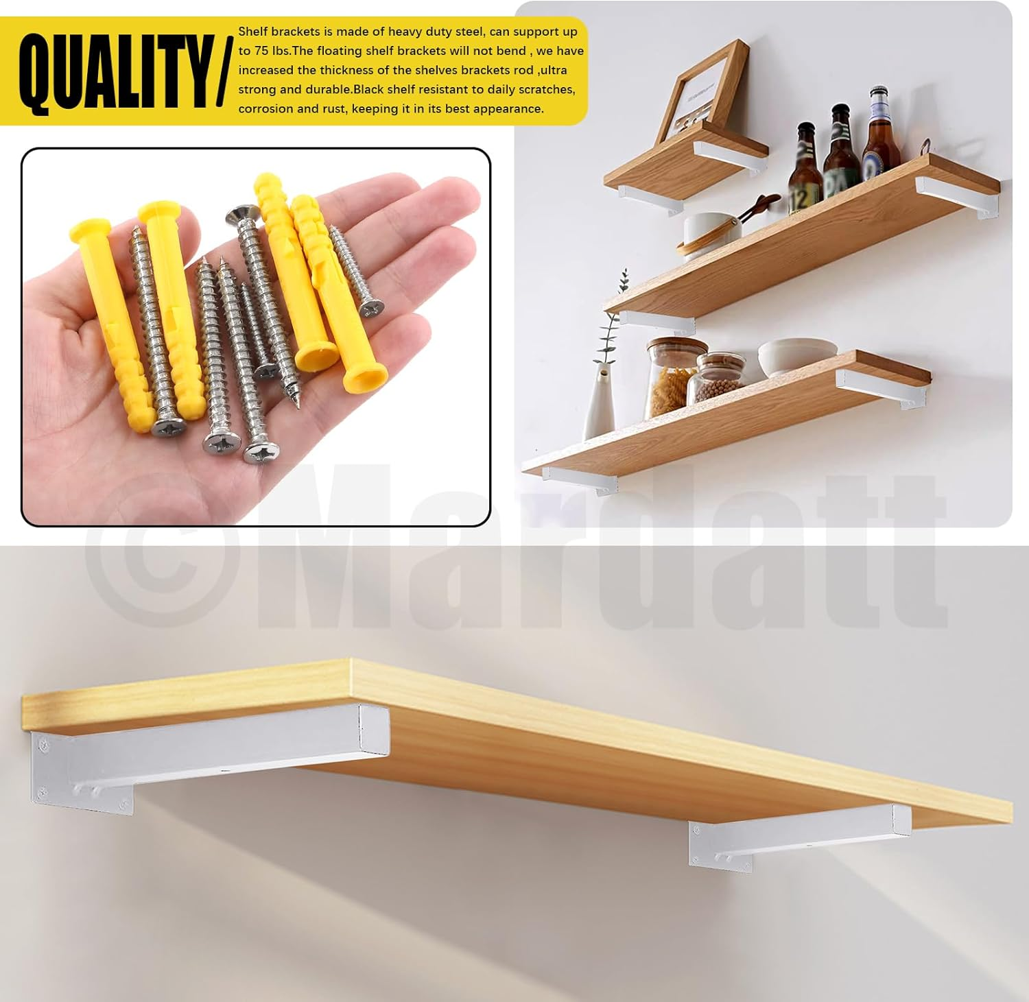 Mardatt 4Pcs 8&rdquo; White Shelf Bracket with Screws and Anchors, Floating Shelf Brackets Heavy Duty Shelf Supports Mounted Shelf Brackets Hidden L Shelf Bracket for Shelves Support image number 5