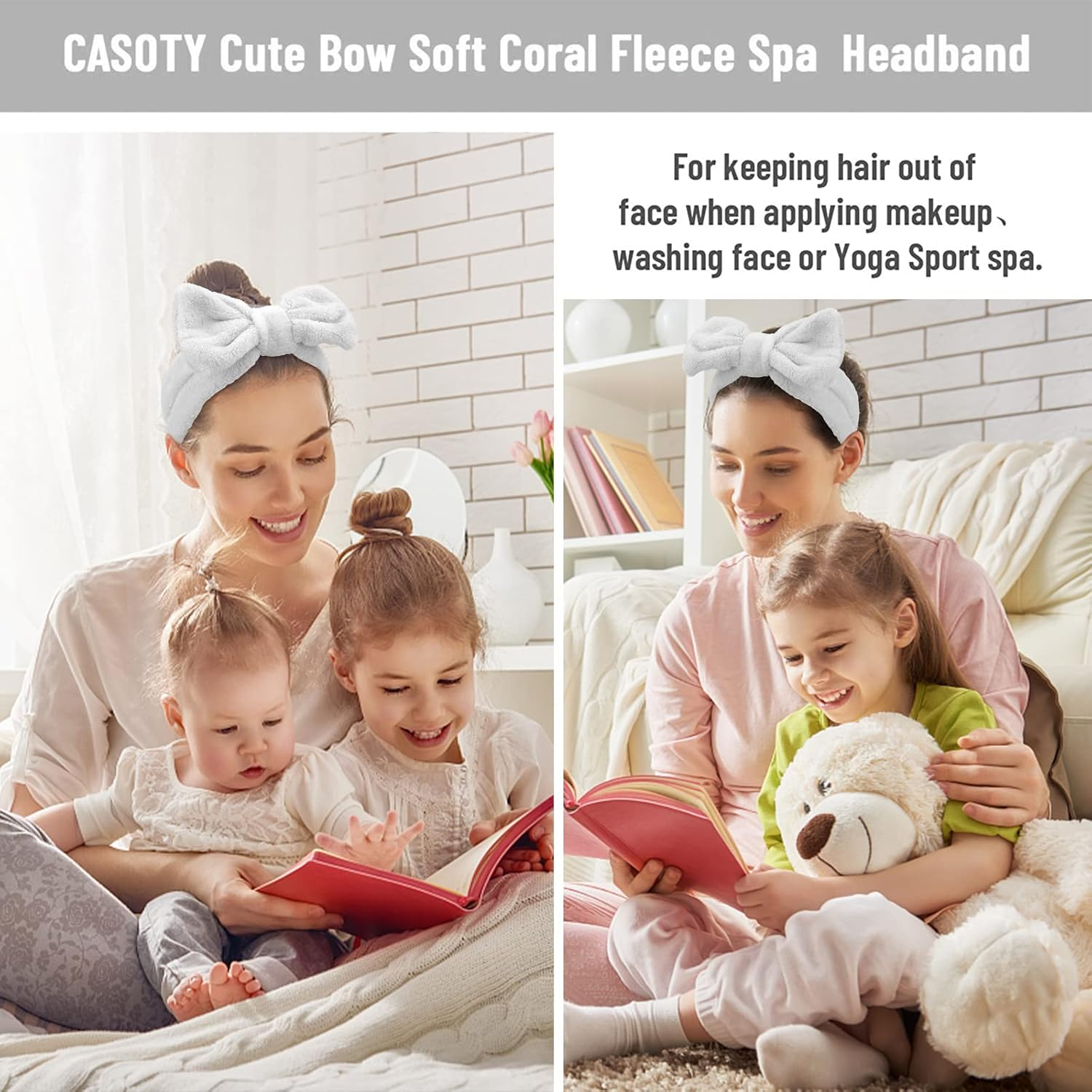 Casoty 8 Pcs Grey Spa Hair Bands for Women, Bow Fleece Headbands for Makeup, Shower, Yoga, and Skincare - Gray image number 2