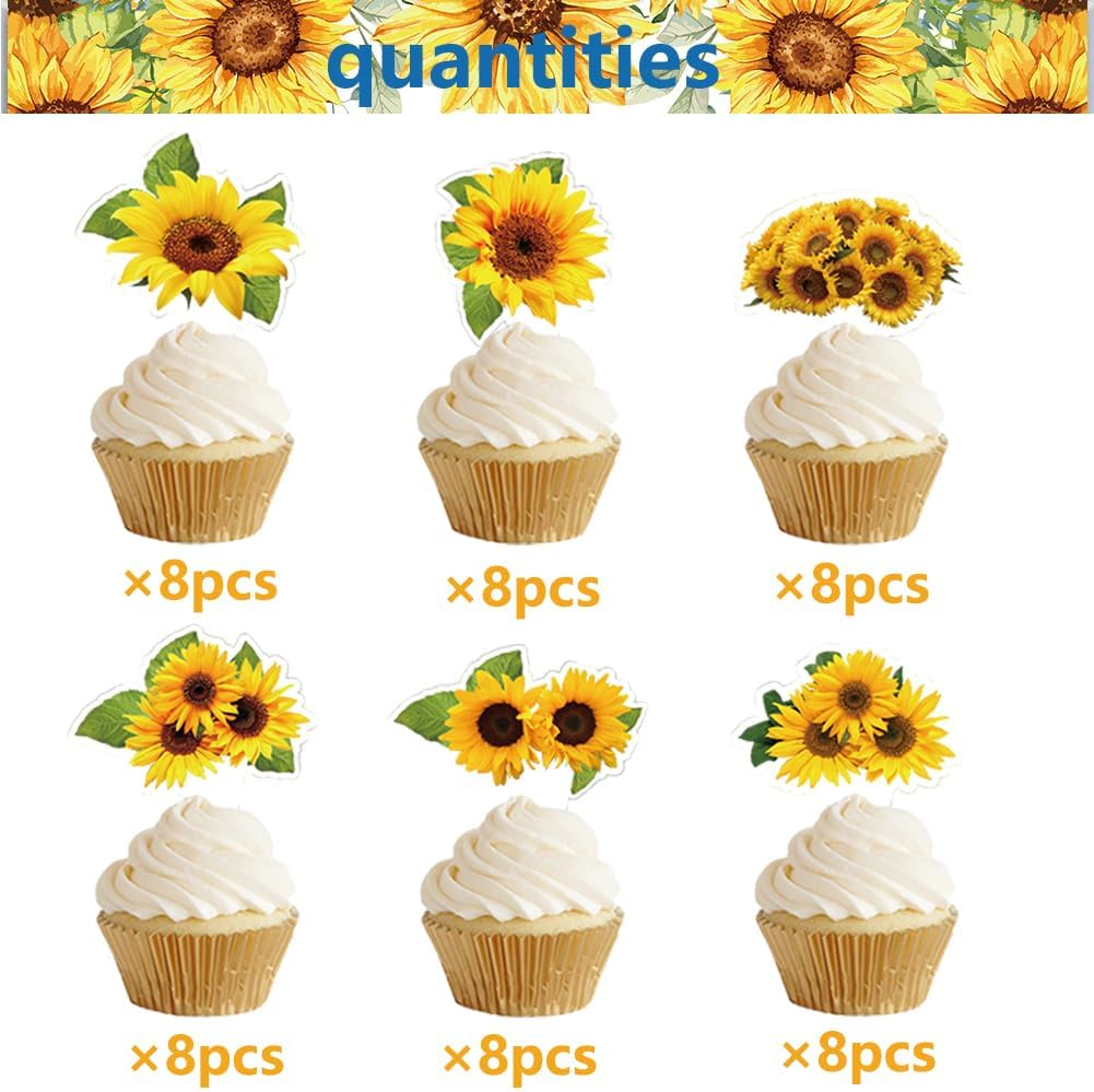 48Pcs Sunflower Cupcake Supplies Sunflower Birthday Party Cupcake Toppers for Kids Gift Birthday Party Favors Kid'S Birthday Party Cake Decoration Supplies (Sunflower) image number 2