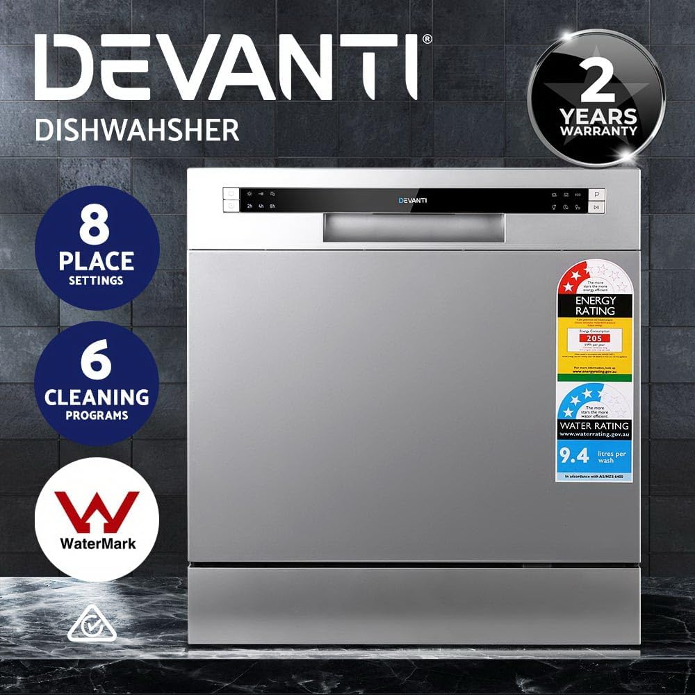 Devanti Benchtop Dishwasher Countertop Freestanding Dishwashers 8 Place Settings, Touch Control LED Display, 6 Wash Programs Delay Start Drying System Silver image number 3