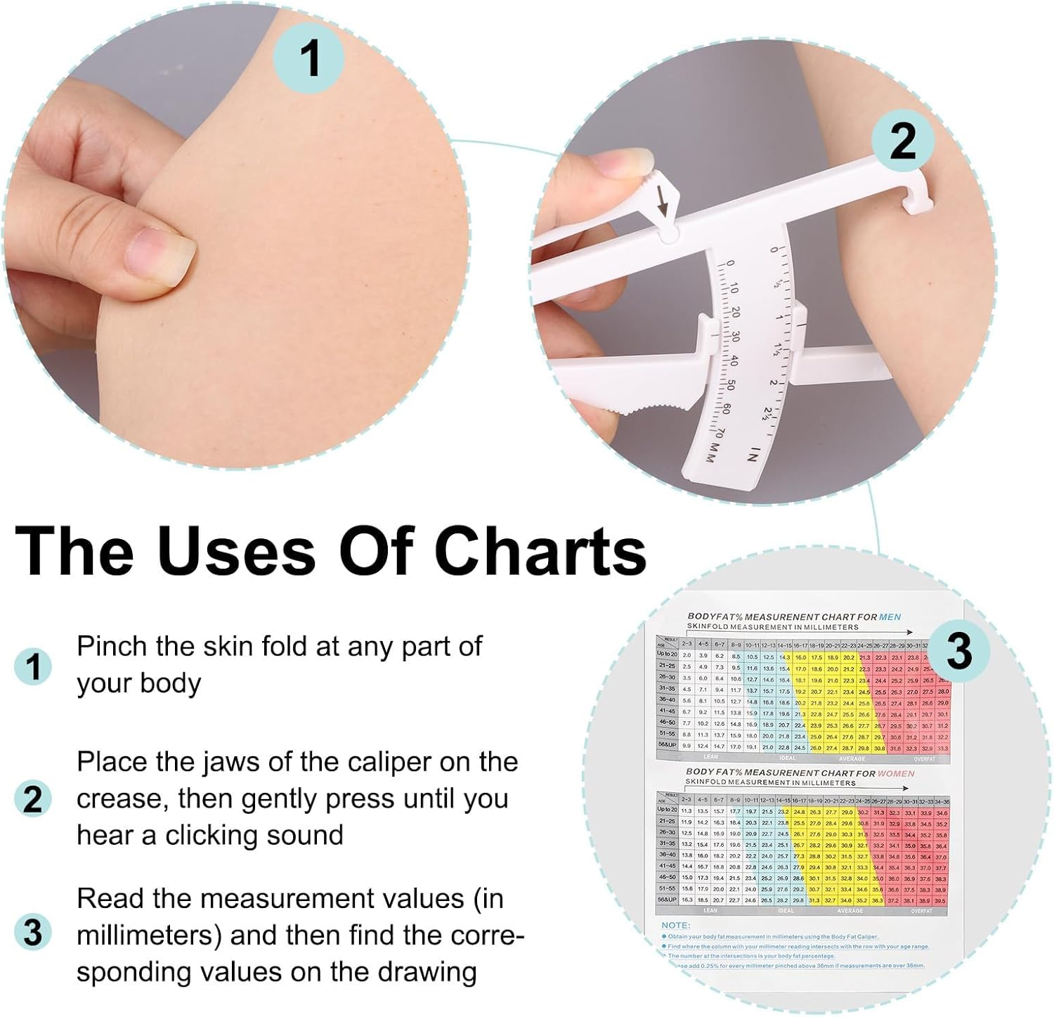2 PCS Body Fat Caliper and Measuring Tape Sets for Body, Skinfold Calipers and Body Fat Tape Measure Tool for Accurately Measuring BMI Skin Fold Fitness and Weight-Loss, 2025 Upgraded Design (White) image number 1