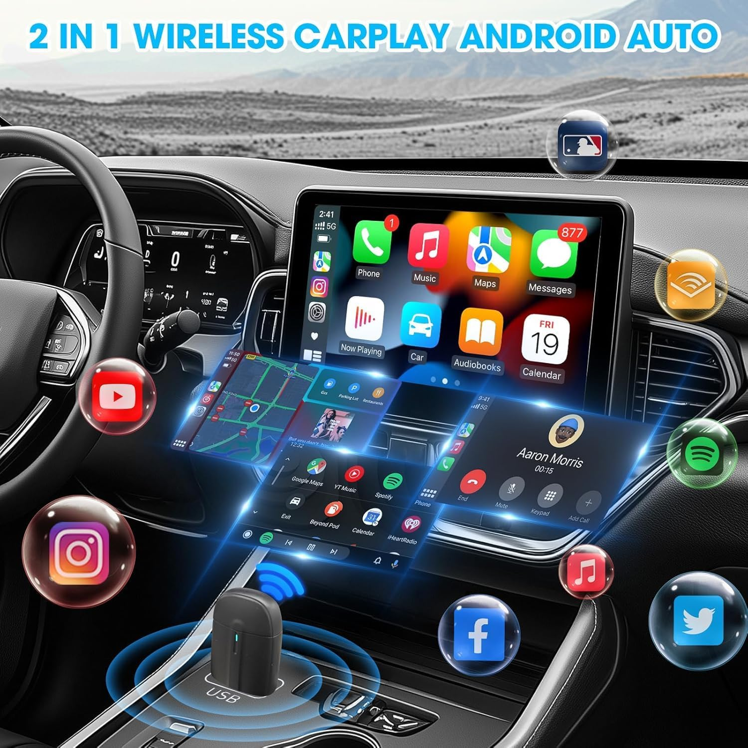 Wireless Carplay Adapter 2 in 1 for Iphone & Android，Car Accessories, Auto Convert Wired to Wireless Carplay, Black