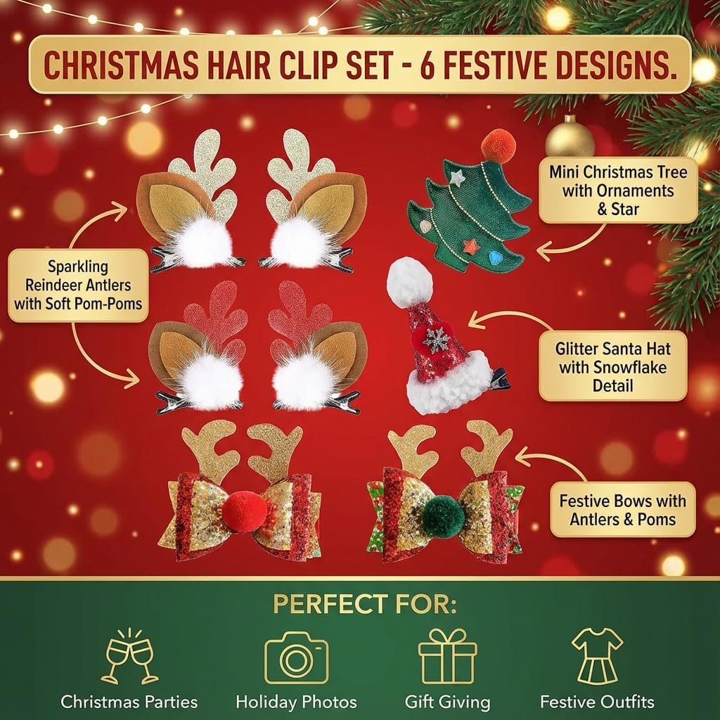 Nbjiuyin 8Pcs Christmas Hair Clips Cute Decorative Cute Hair Accessories Antlers Headdress Hairpin Christmas Tree Hat Hair Bows for Girls Women Kids Gifts image number 1