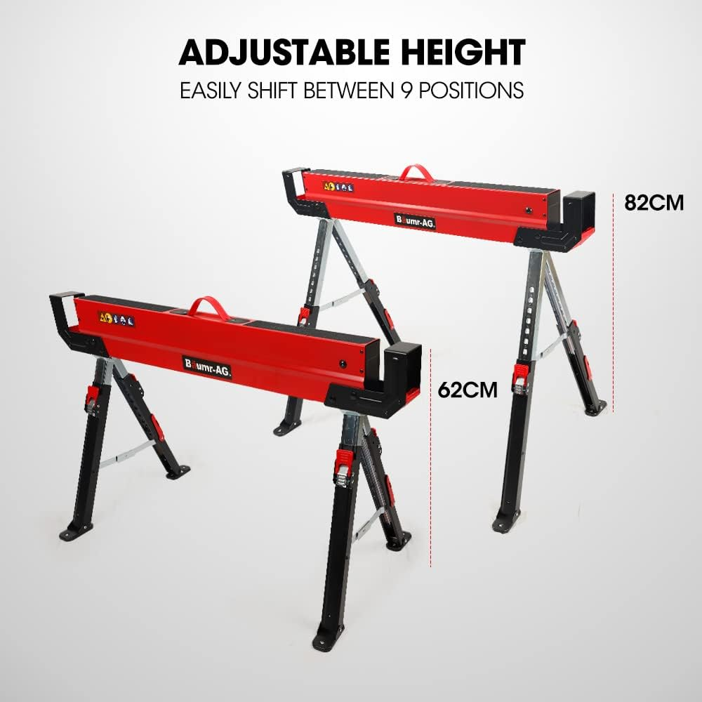 Baumr-Ag Steel Sawhorse Pack, 1180Kg Combined Capacity, Height Adjustable, 2X4 Support Arms, Set of 2 image number 5